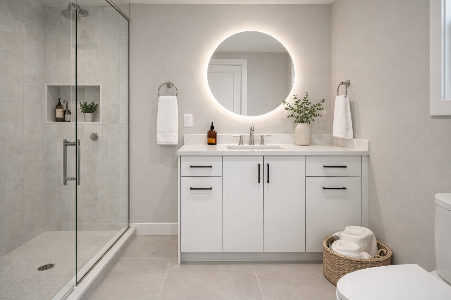 Modern bathroom with walk-in shower, white vanity with black handles, circular backlit mirror, potted plant, towels, and a basket with rolled towels.