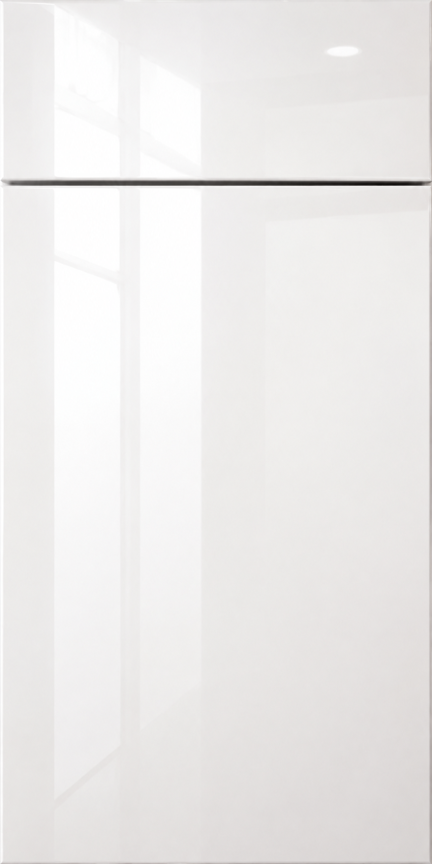 A white, modern refrigerator with a smooth, glossy surface and minimalistic design.
