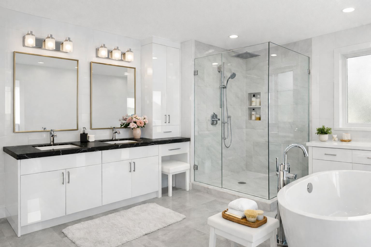 Modern bathroom with white cabinets, black marble countertops, two mirrors, a double sink, a glass shower enclosure, a free-standing bathtub, and decorative flowers and plants.