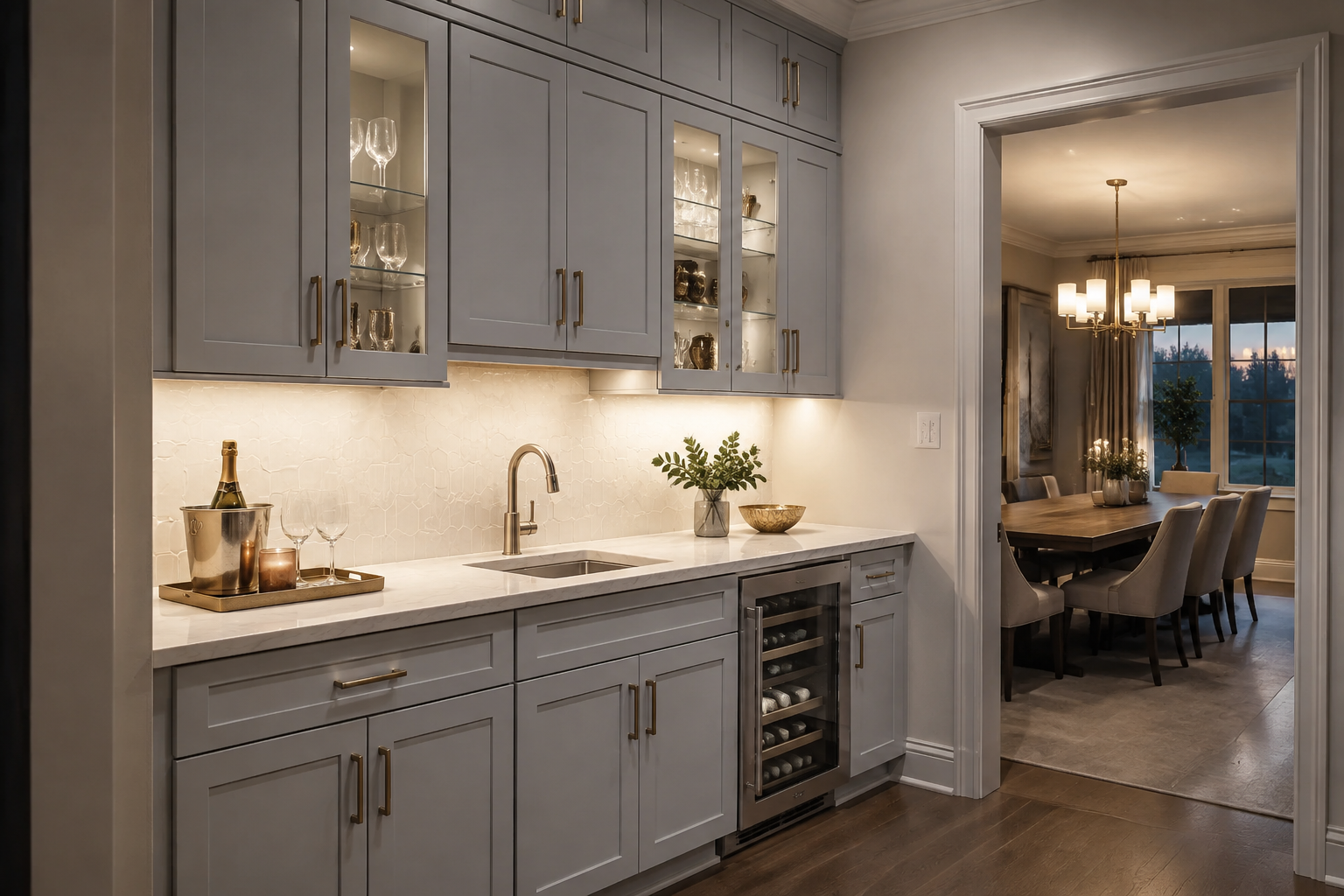 Modern kitchen with gray cabinets, a white marble countertop, wine refrigerator, and decorative glassware, leading into a dining area with a large wooden table, upholstered chairs, and a chandelier.