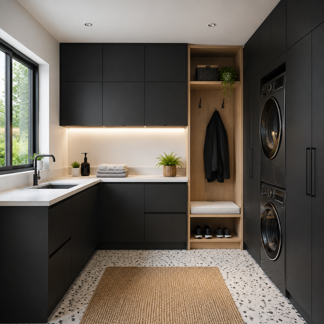 Modern laundry room with black cabinets, a white countertop, a window, plants, towels, a black soap dispenser, and a washer and dryer stacked in a black cabinet.