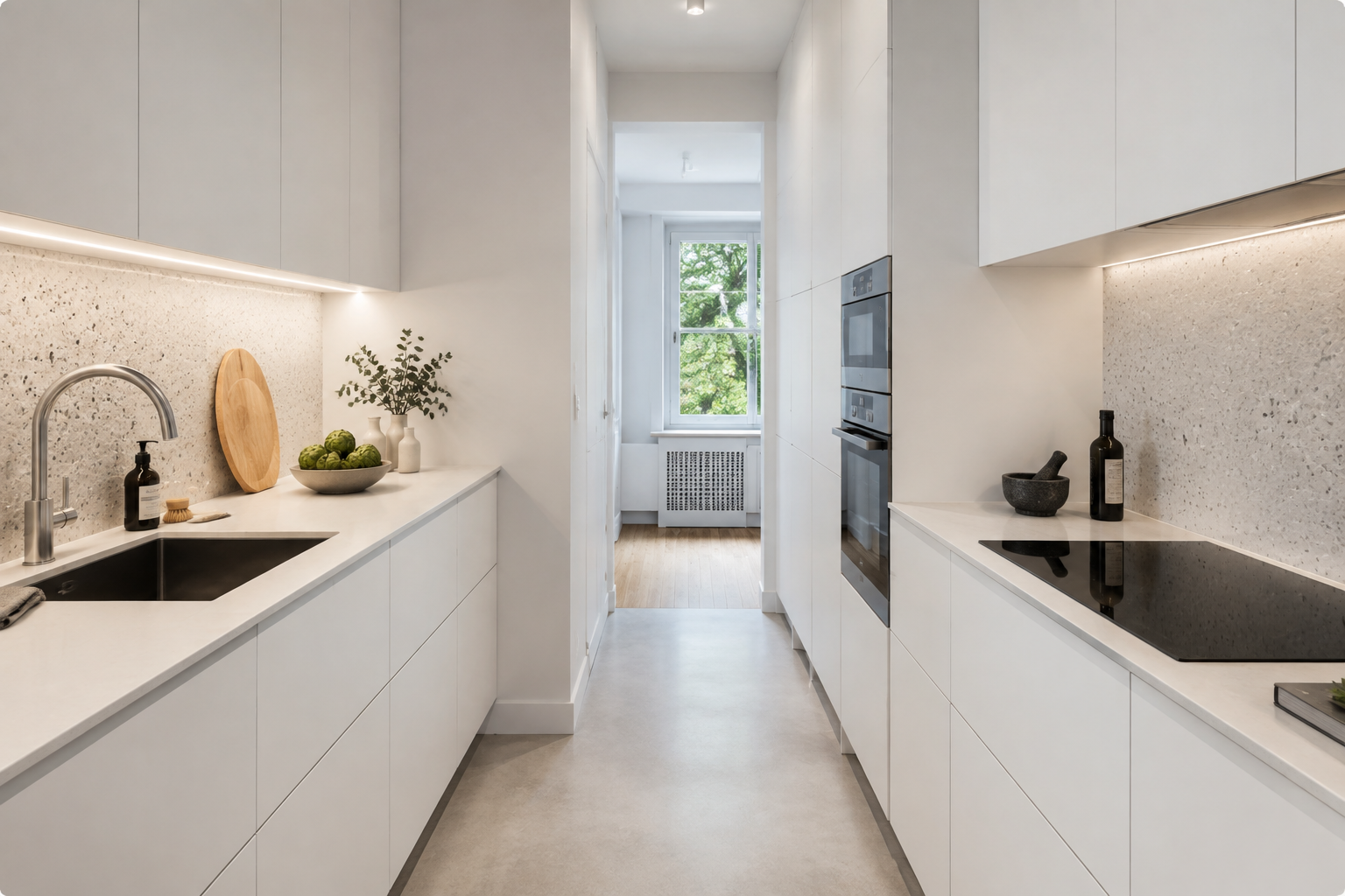 Modern white kitchen with minimalist design, featuring sleek cabinetry, a black sink, and a built-in oven, with a window at the end showing green trees outside.