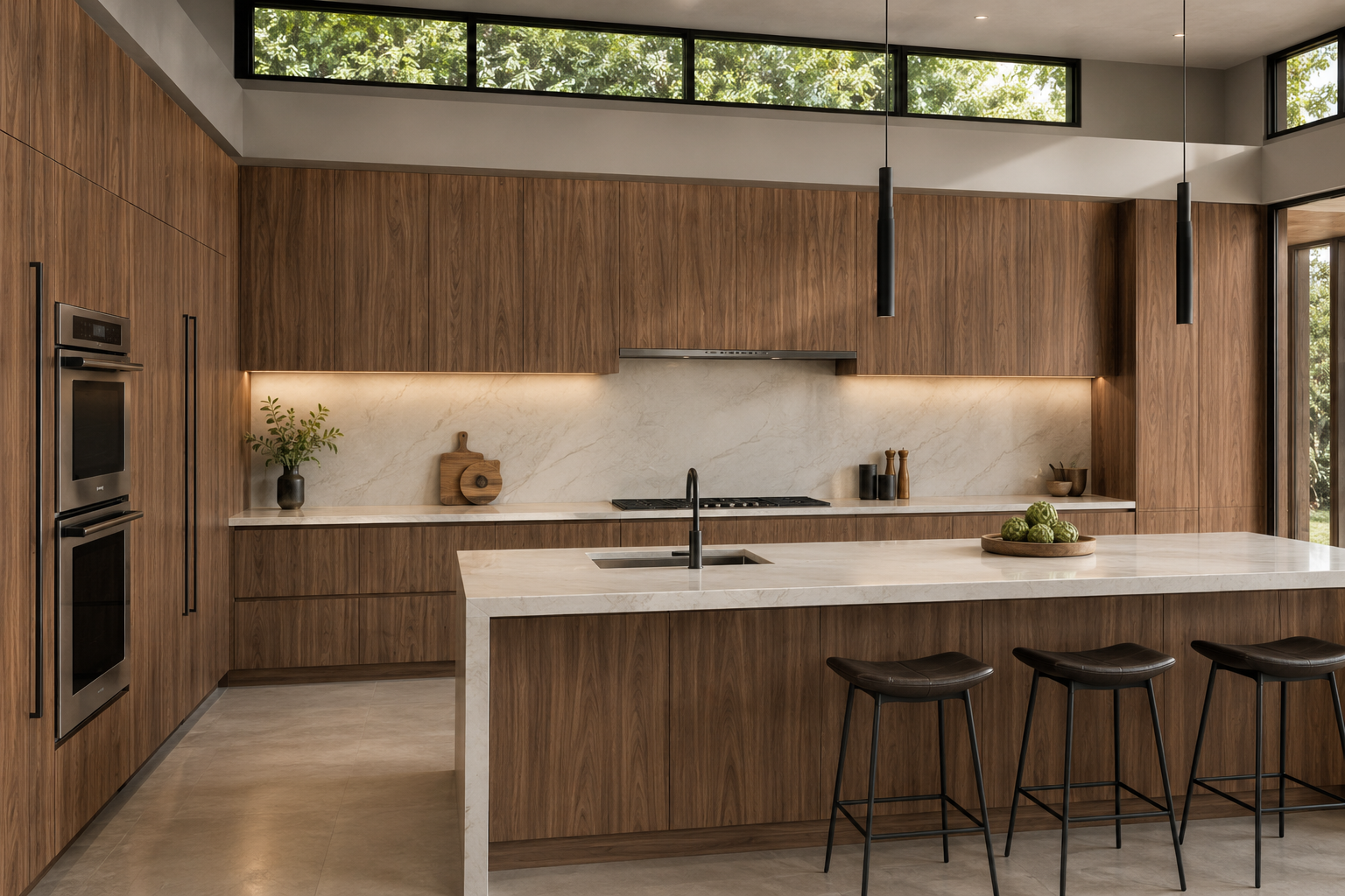 Modern kitchen with wooden cabinetry, white marble backsplash and countertop, black fixtures, and three black bar stools at the island. Large windows provide natural light.