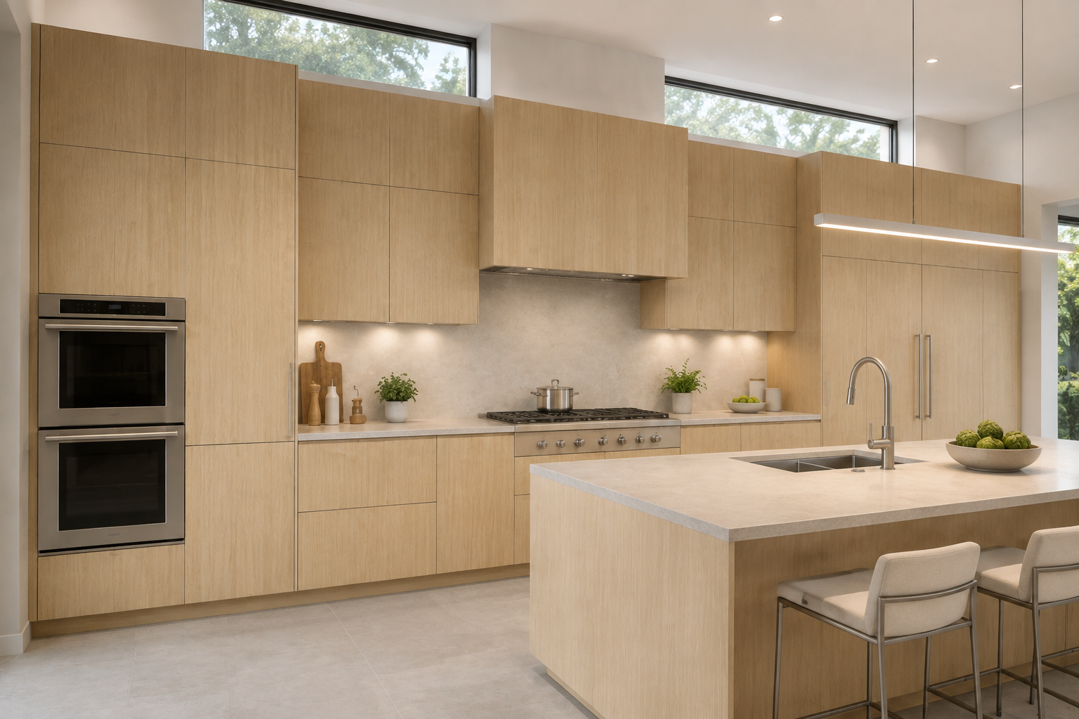 Modern kitchen with light wood cabinets, a large island with a sink, built-in double oven, gas stove, and bar seating. Large windows bring in natural light.
