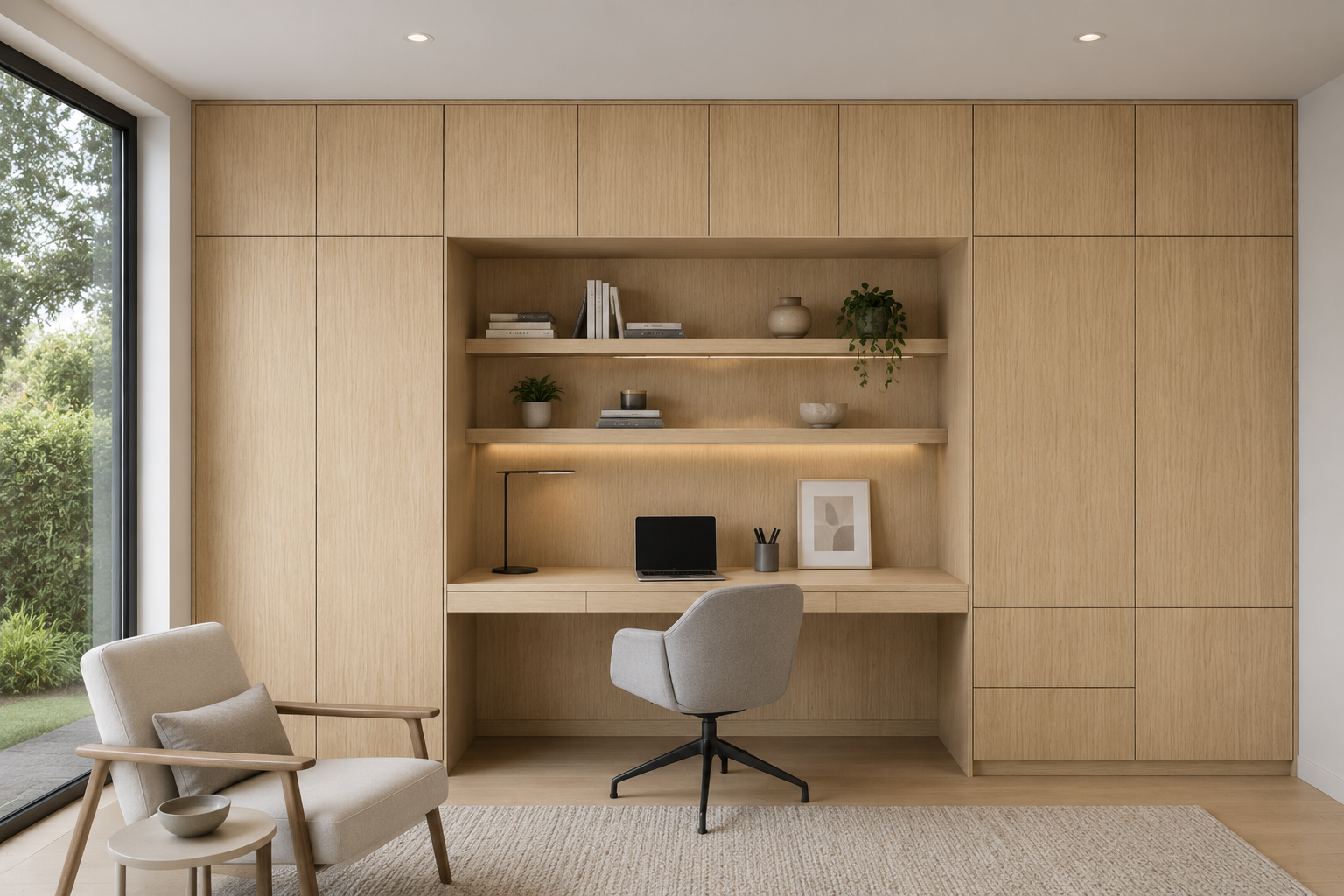A minimalist home office with a built-in wooden desk and shelving, a gray swivel chair, a beige armchair with a pillow, a small side table with a bowl, and large window showing greenery outside.