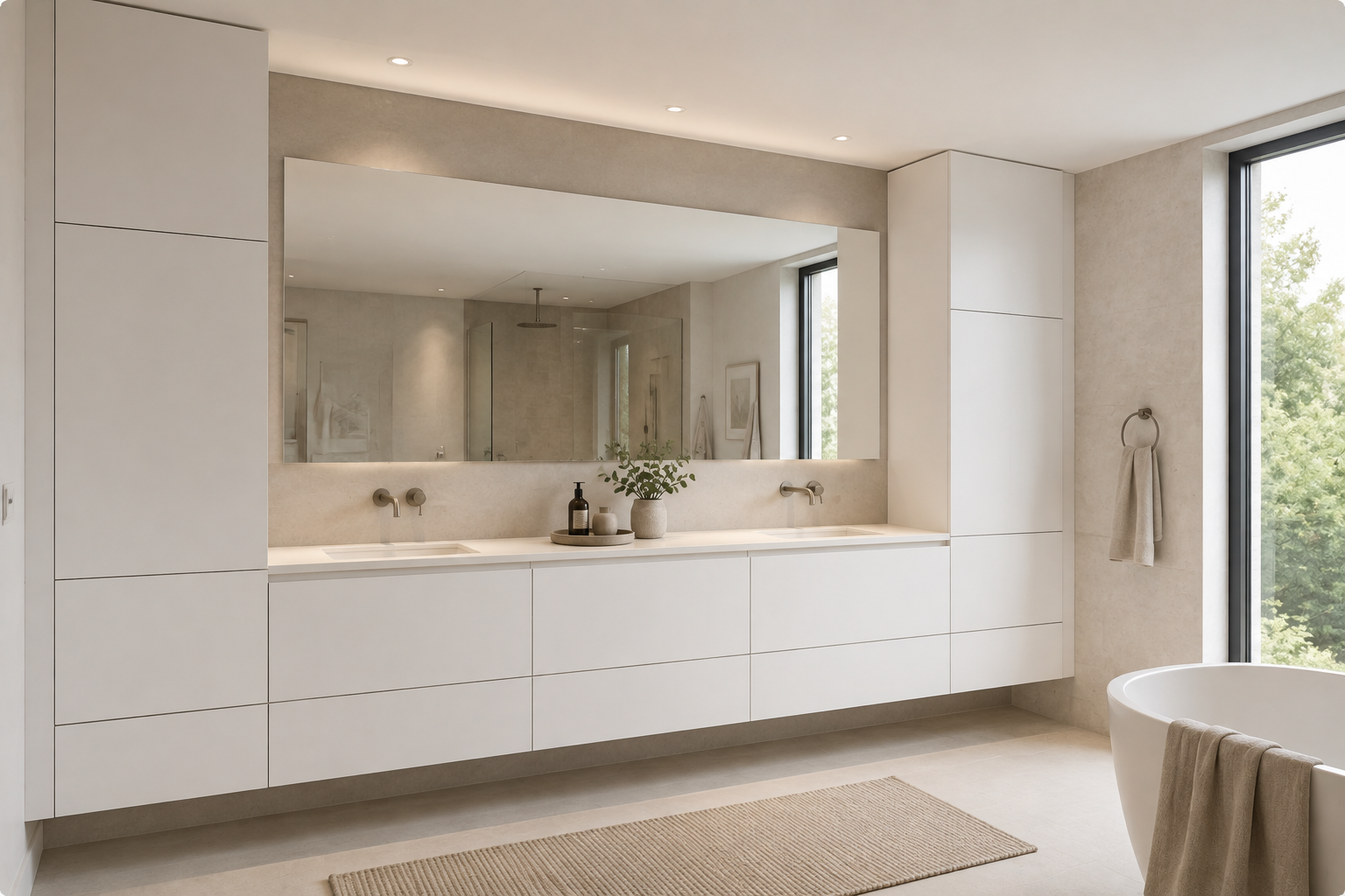 Modern minimalist bathroom with double vanity, large mirror, natural light, bathtub, and neutral color tones.