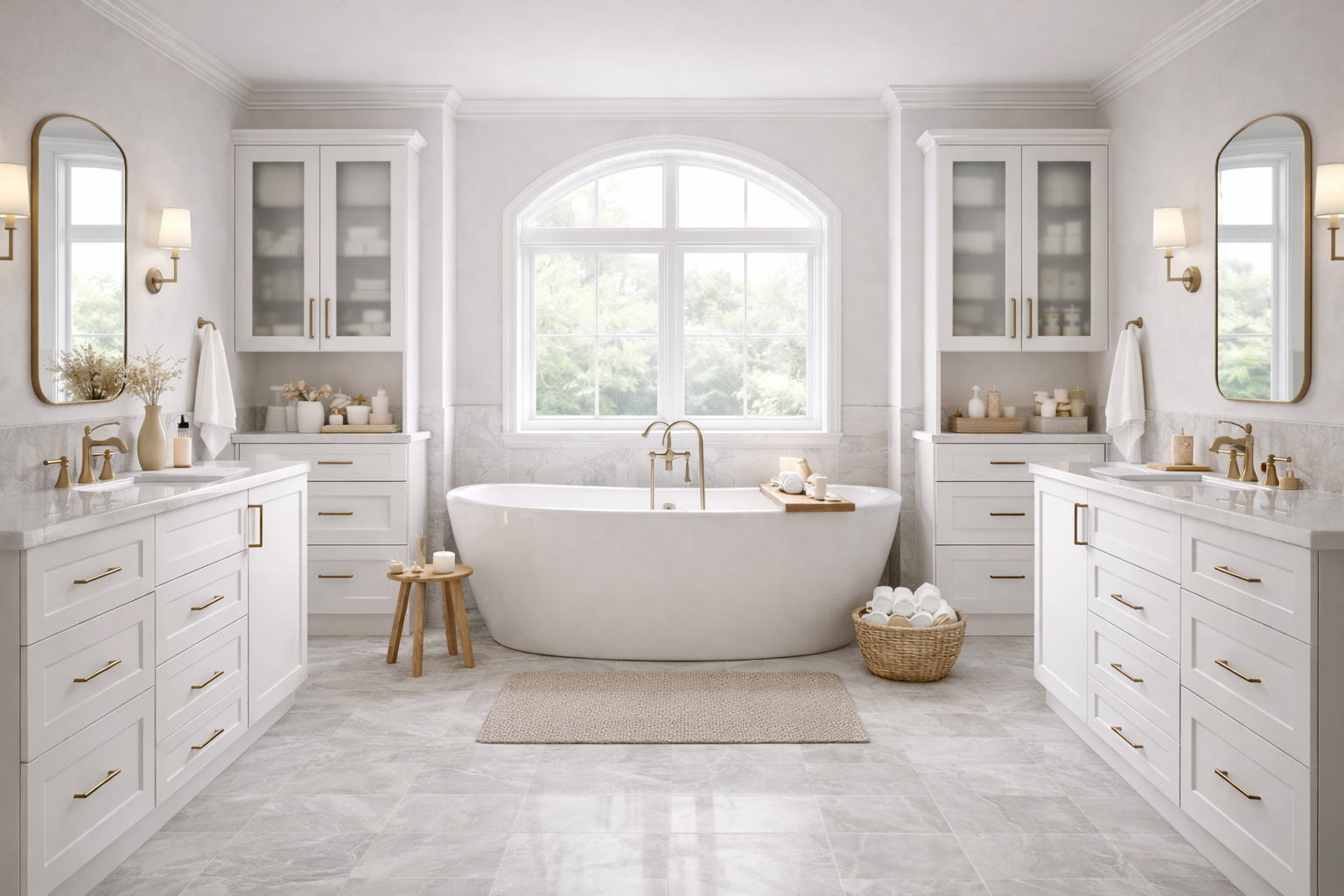 Bright bathroom with a large window over a white bathtub, two white vanities with gold fixtures, and matching wall mirrors. Decor includes towels, candles, and small plants, with a basket of rolled towels on the floor.