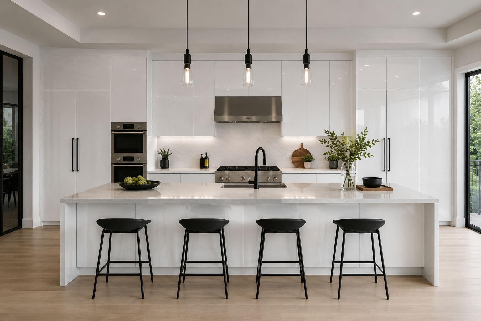 Modern white kitchen with black accents, including black barstools, black faucet, and black cabinet handles, with a white island and potted plants.