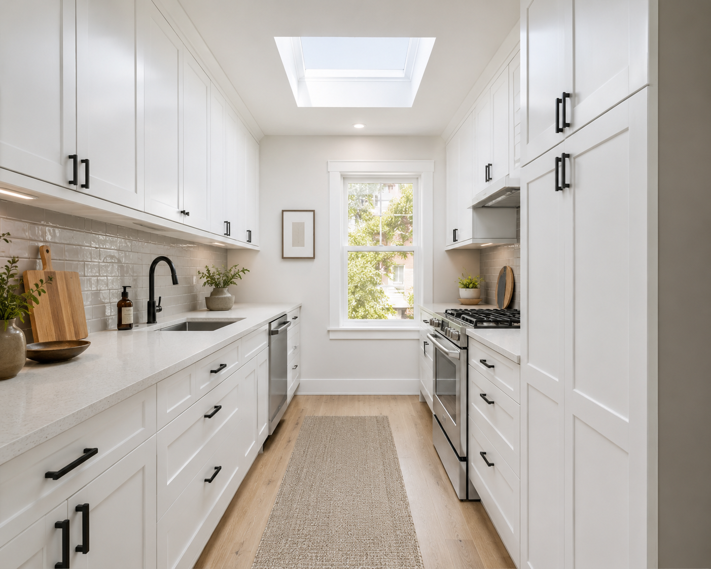 Bright, modern kitchen with white cabinets, black handles, a skylight, window, and light wood flooring.