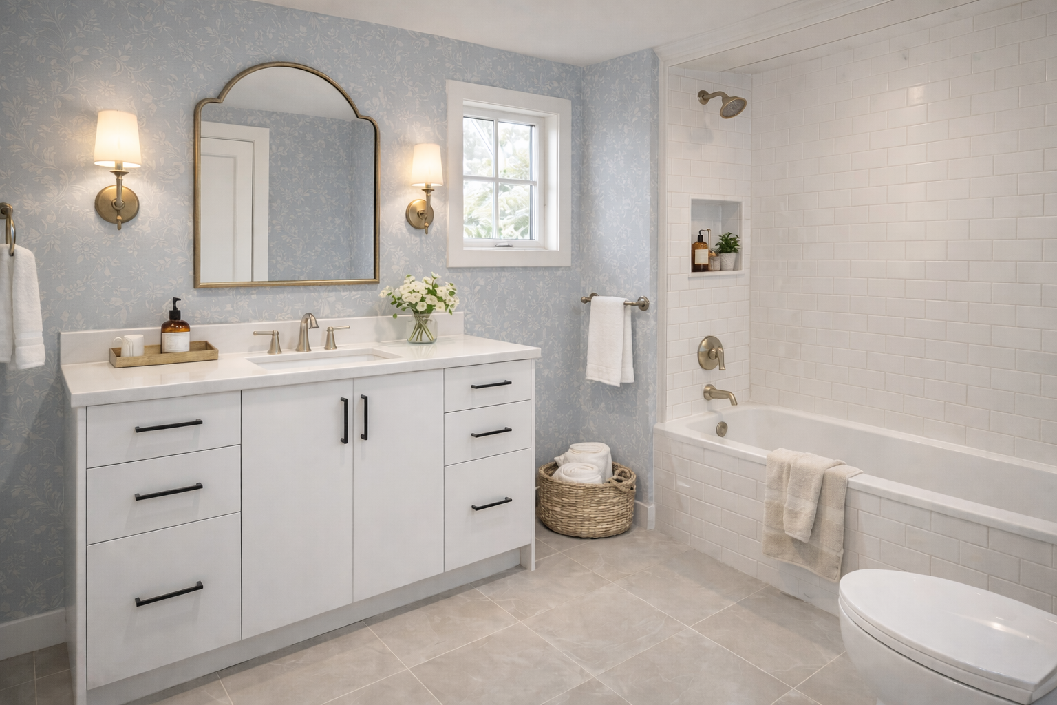 Modern bathroom with white vanity, large mirror, wall sconces, bathtub, tiled shower area, small window, and light-colored tiled floor.