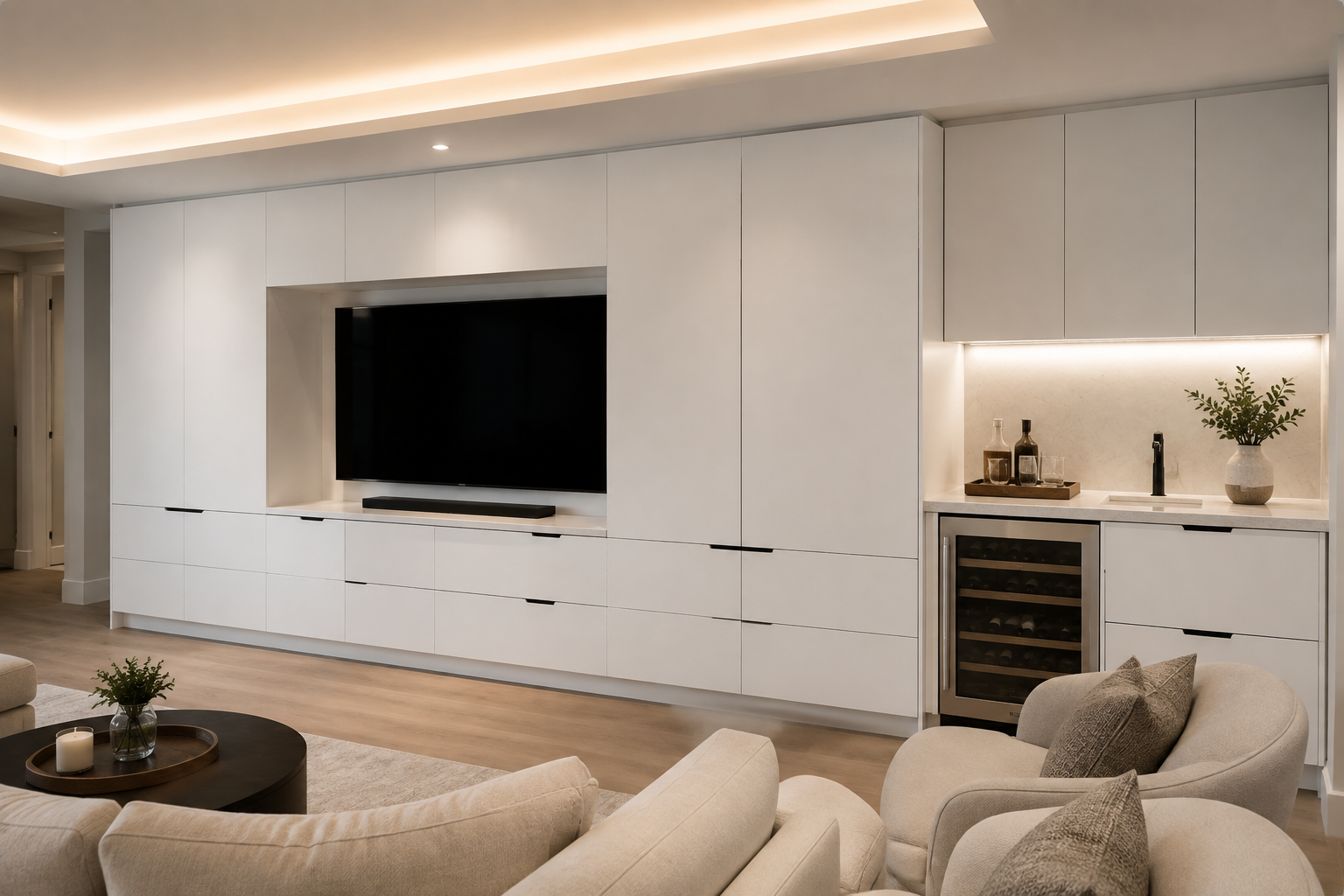 Modern living room with built-in white cabinetry, a flat-screen TV, a small wine fridge, and a countertop with decorative bottles and a plant