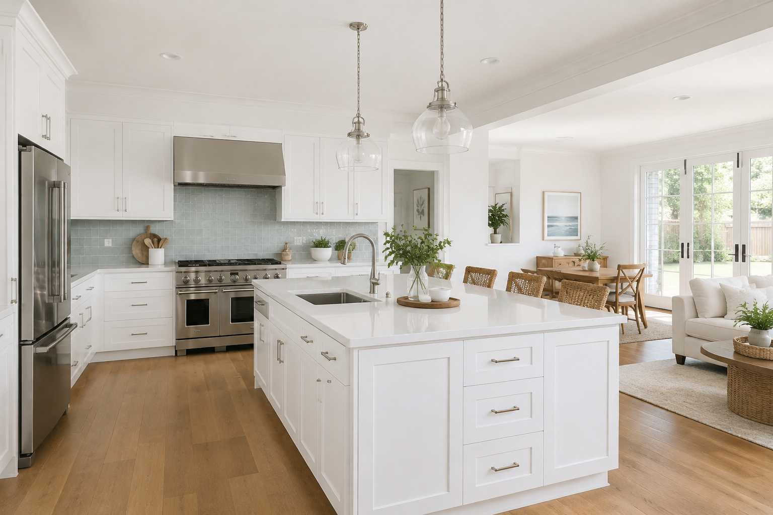 Bright, modern kitchen with white cabinets, stainless steel appliances, a large island with a sink, and a view into the dining and living area with large windows and sliding glass doors leading outside.