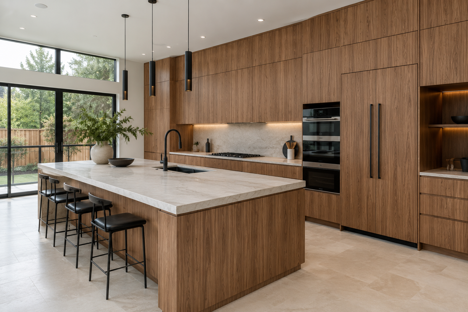 Modern kitchen with wooden cabinets and a large marble island, black bar stools, and floor-to-ceiling windows showing a backyard garden.