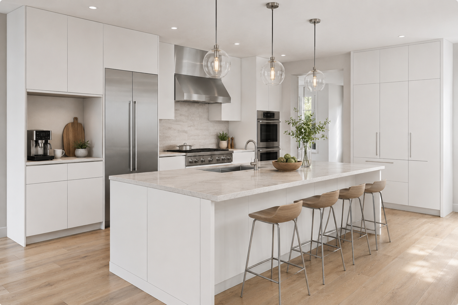 Modern white kitchen with a large island, wooden bar stools, stainless steel appliances, pendant lights, and minimal decor.