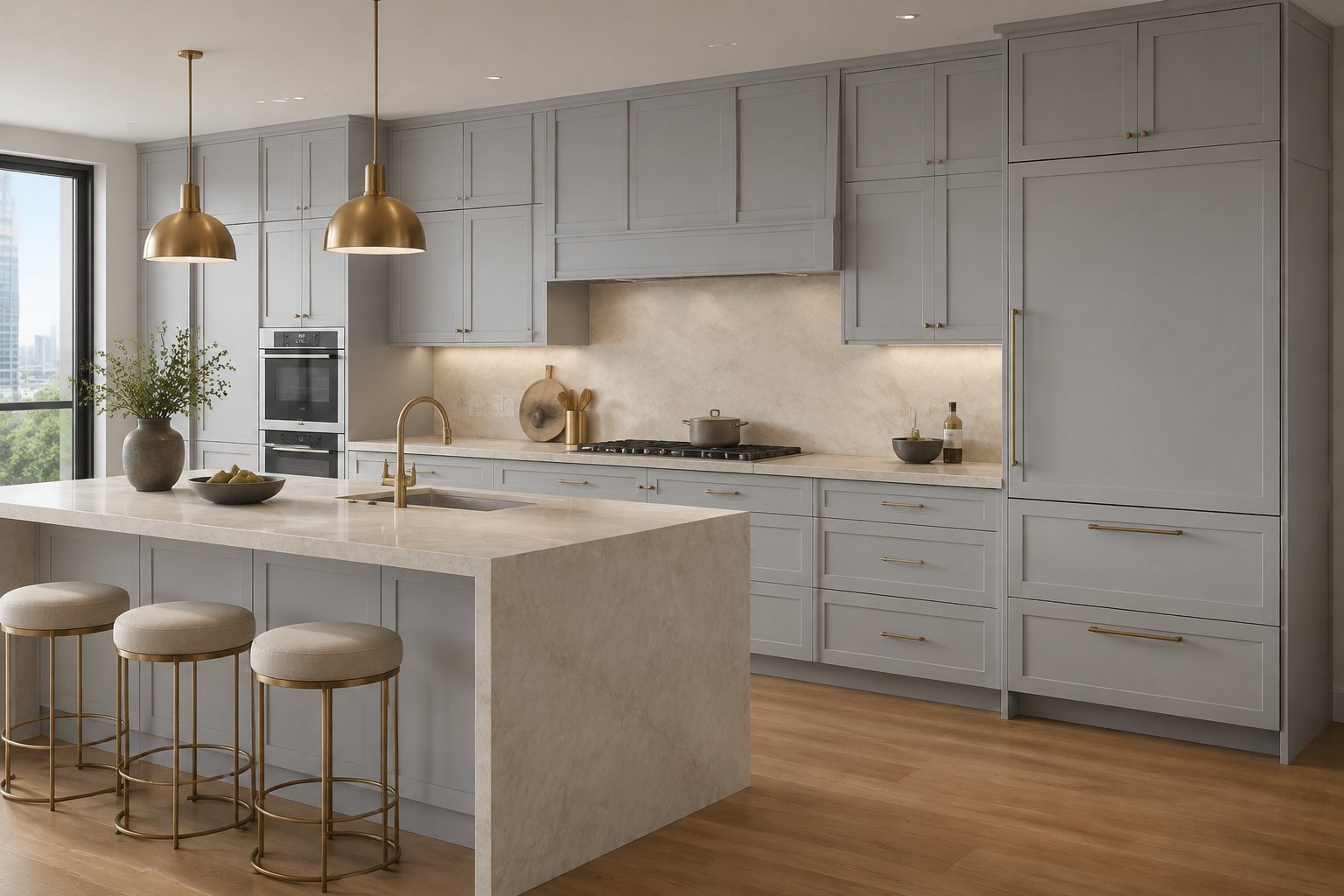 Modern kitchen with light gray cabinetry, marble countertops, and gold accents. An island with three beige cushioned stools with gold frames, a gold faucet, and a pots and bowls on the countertop. Large window with a city view.