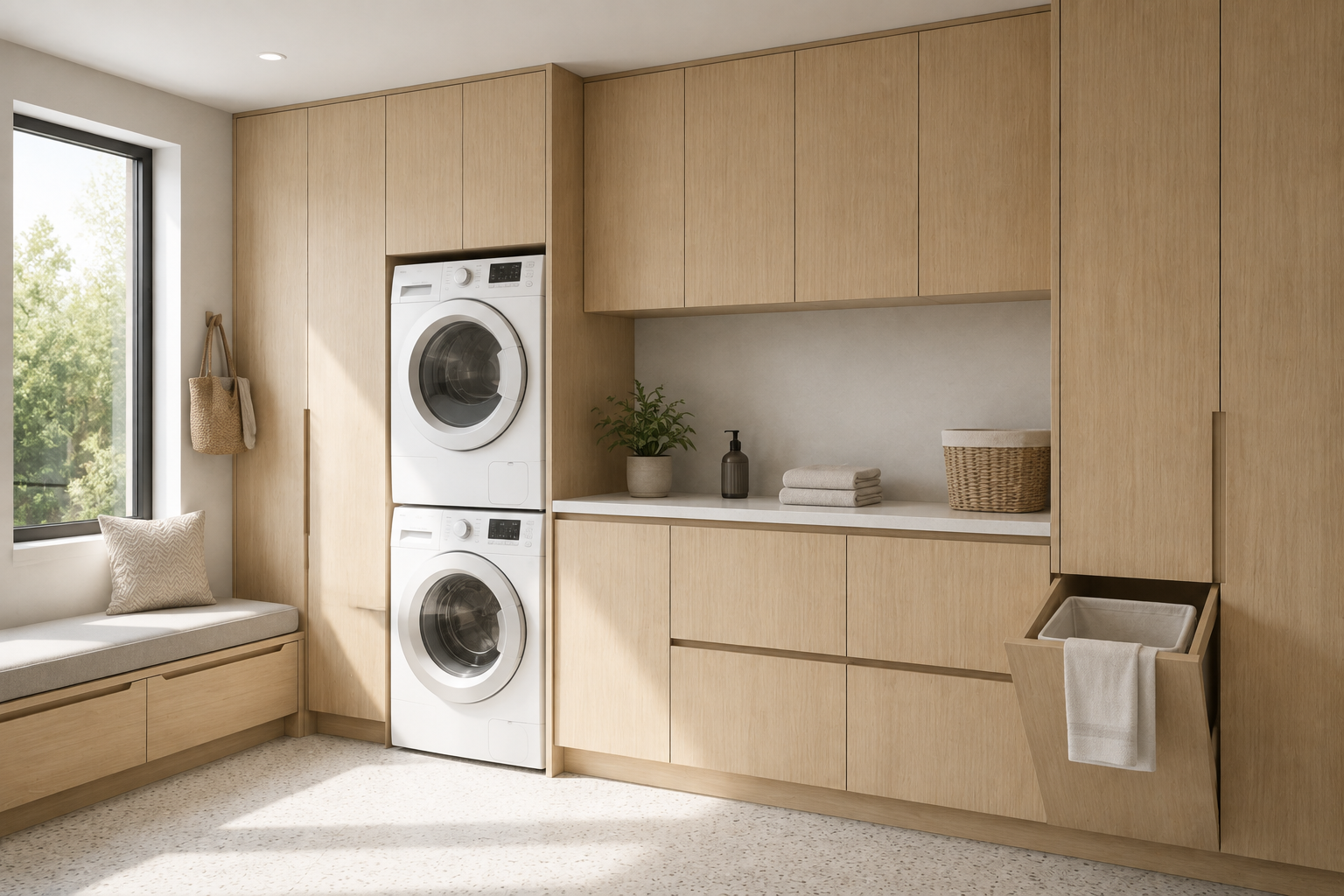 Laundry room with stacked washer and dryer, wooden cabinets, a window seat with cushion, potted plant, folded towels, a soap dispenser, and a laundry basket with a towel.