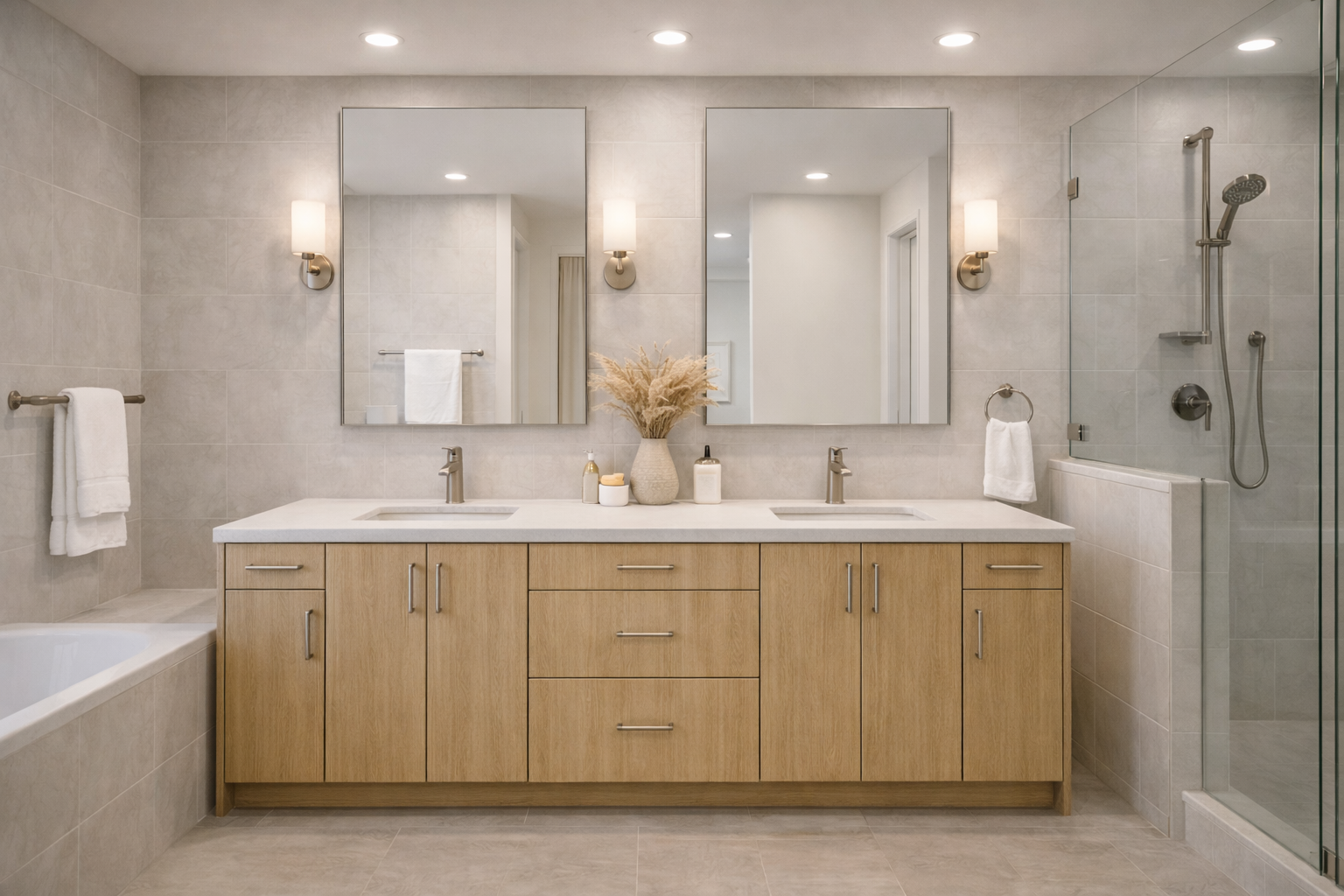 Modern bathroom with double vanity, large mirrors, wall sconces, beige cabinets, neutral tile walls and floors, bathtub, and walk-in shower with glass enclosure.