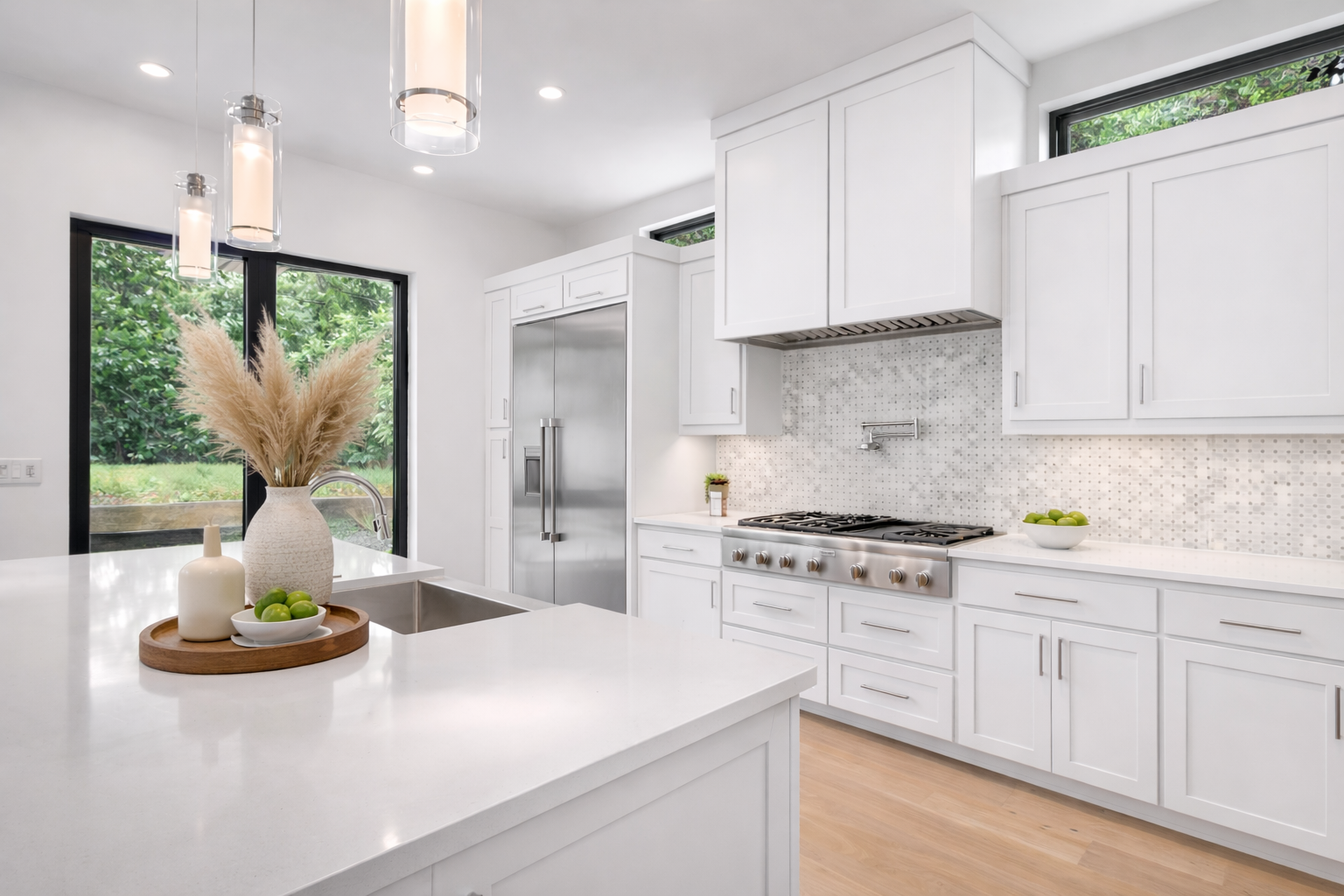 White kitchen with island, pendant lights, stainless steel refrigerator, gas stove, white cabinetry, and mosaic tile backsplash, with a window showing greenery outside.