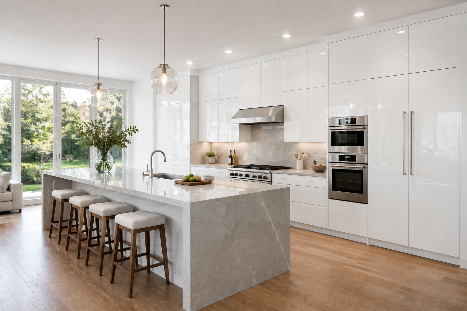 Modern kitchen with white cabinets, large island with seating, stainless steel appliances, and large windows overlooking greenery