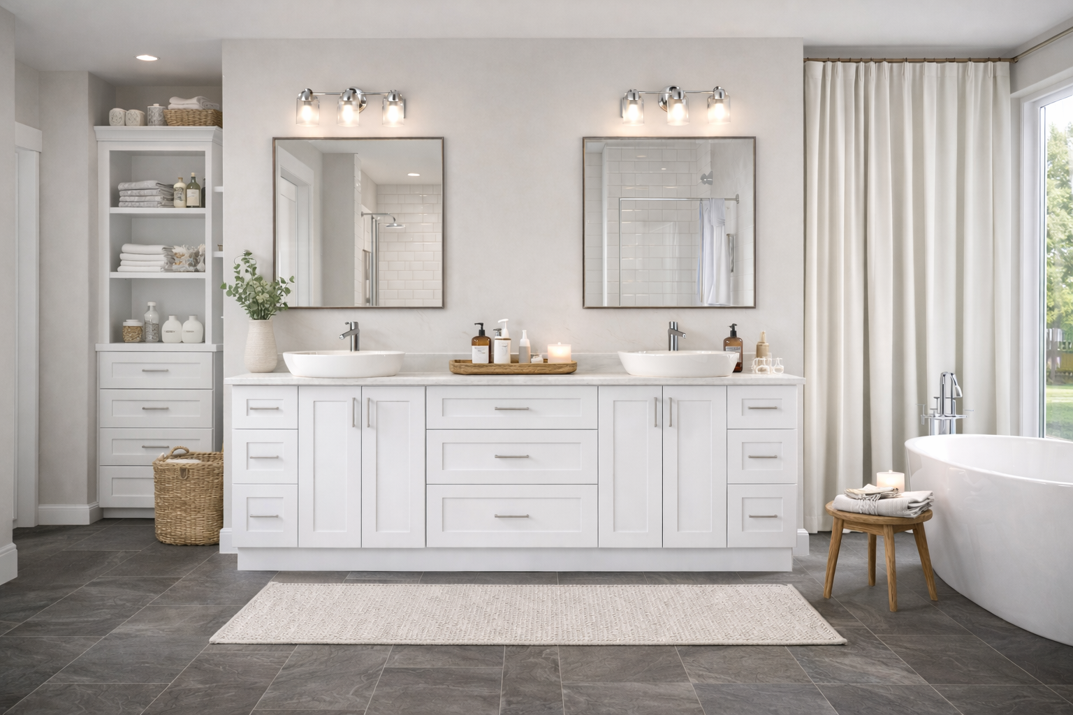 Bright modern bathroom with double vanity sinks, large mirrors, open shelves with towels and decor, bathtub, natural light from window, neutral color palette.