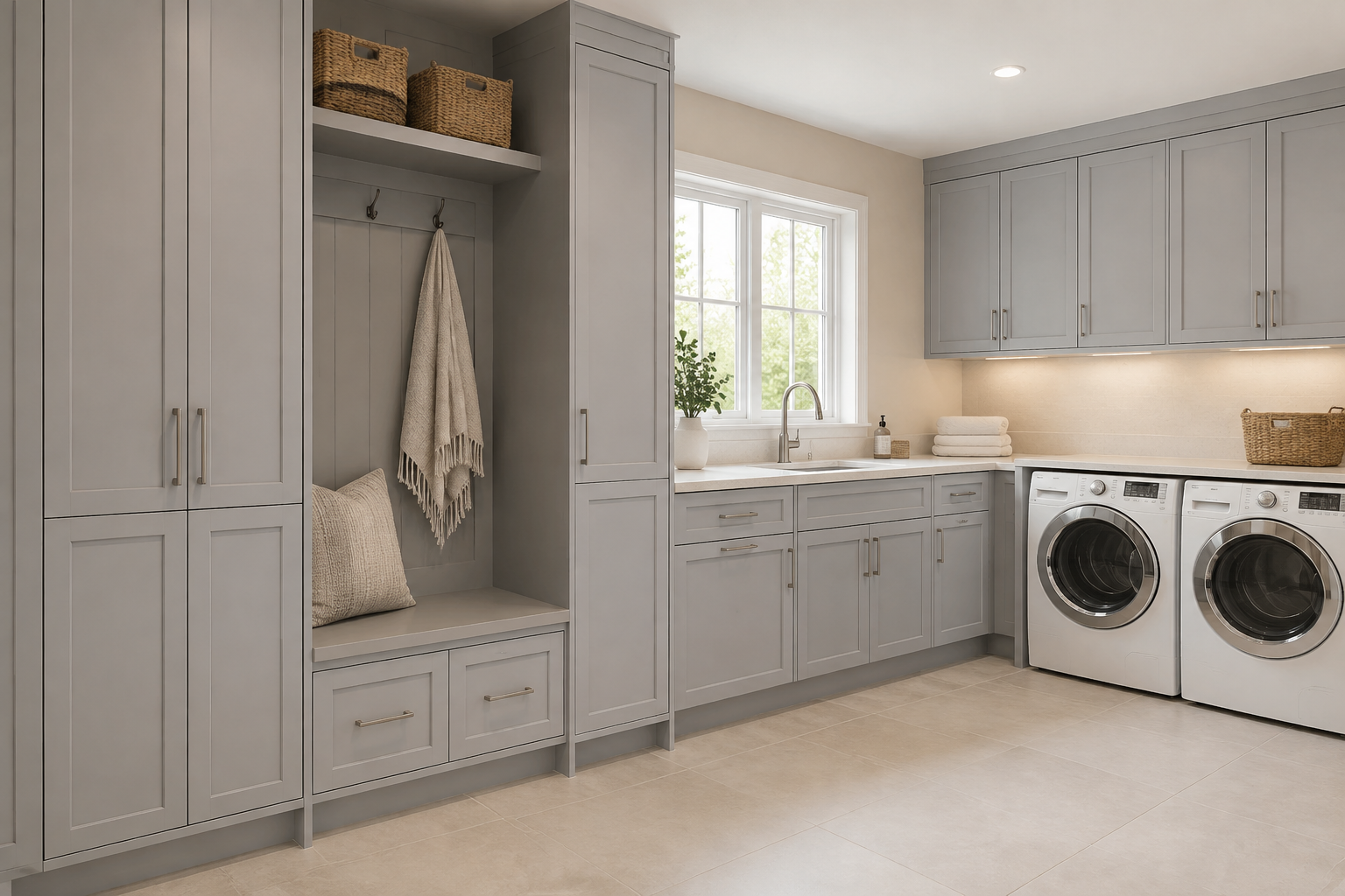 A laundry room with gray cabinets, a window above the sink, and a front-loading washing machine and dryer.