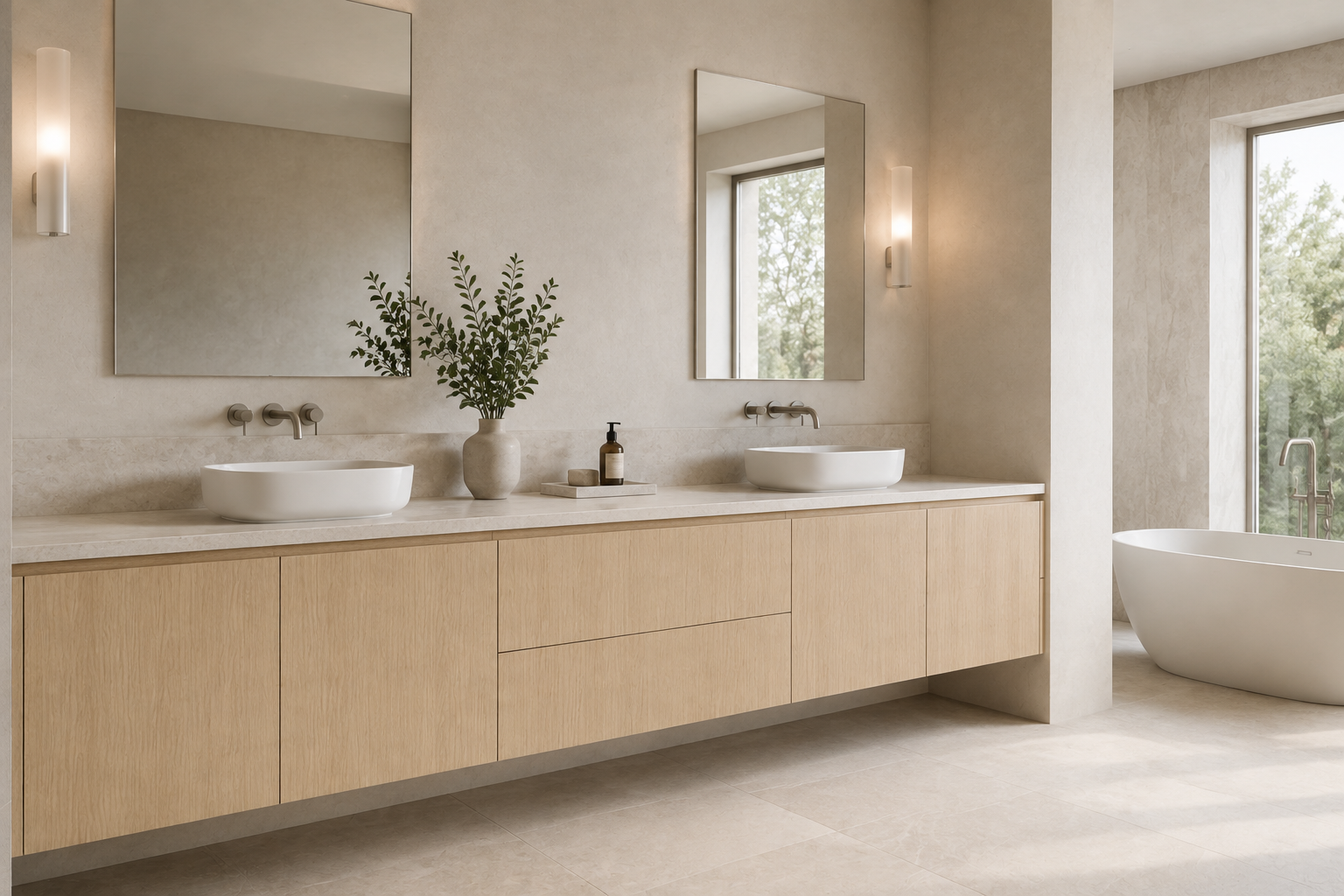 Modern bathroom with double vanity, two oval vessel sinks, and large mirror, next to a bathtub near a window with trees outside.
