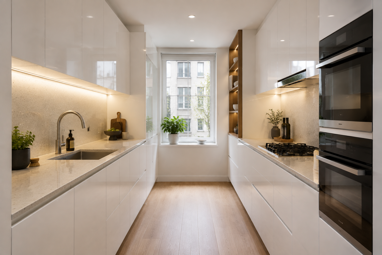 Modern kitchen with white cabinets, beige countertops, and a large window with a view of an apartment building. Contains plants, cutting board, and appliances.