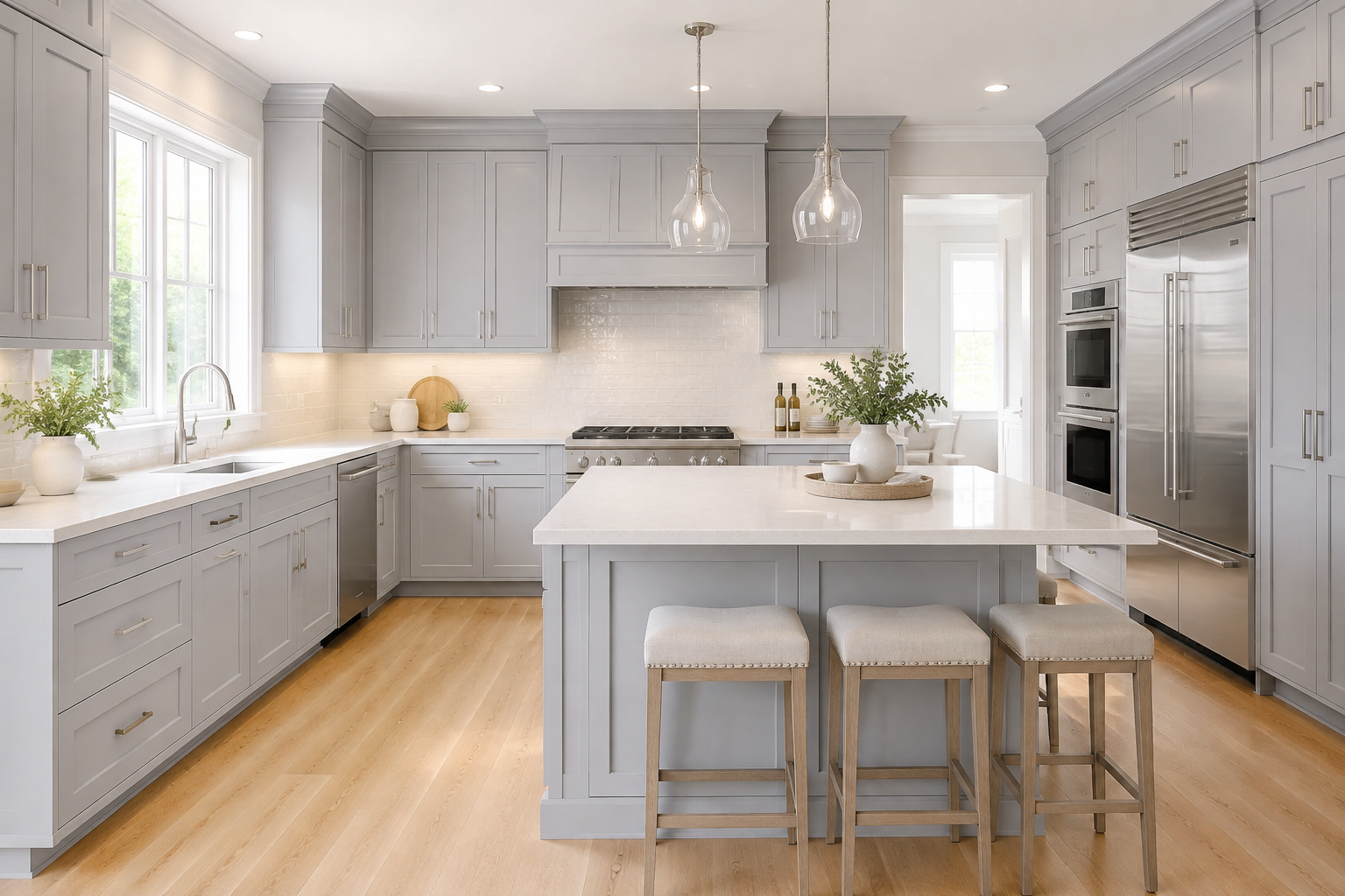 Modern light gray kitchen with white countertops and island, stainless steel appliances, wooden stools, and minimal decor.