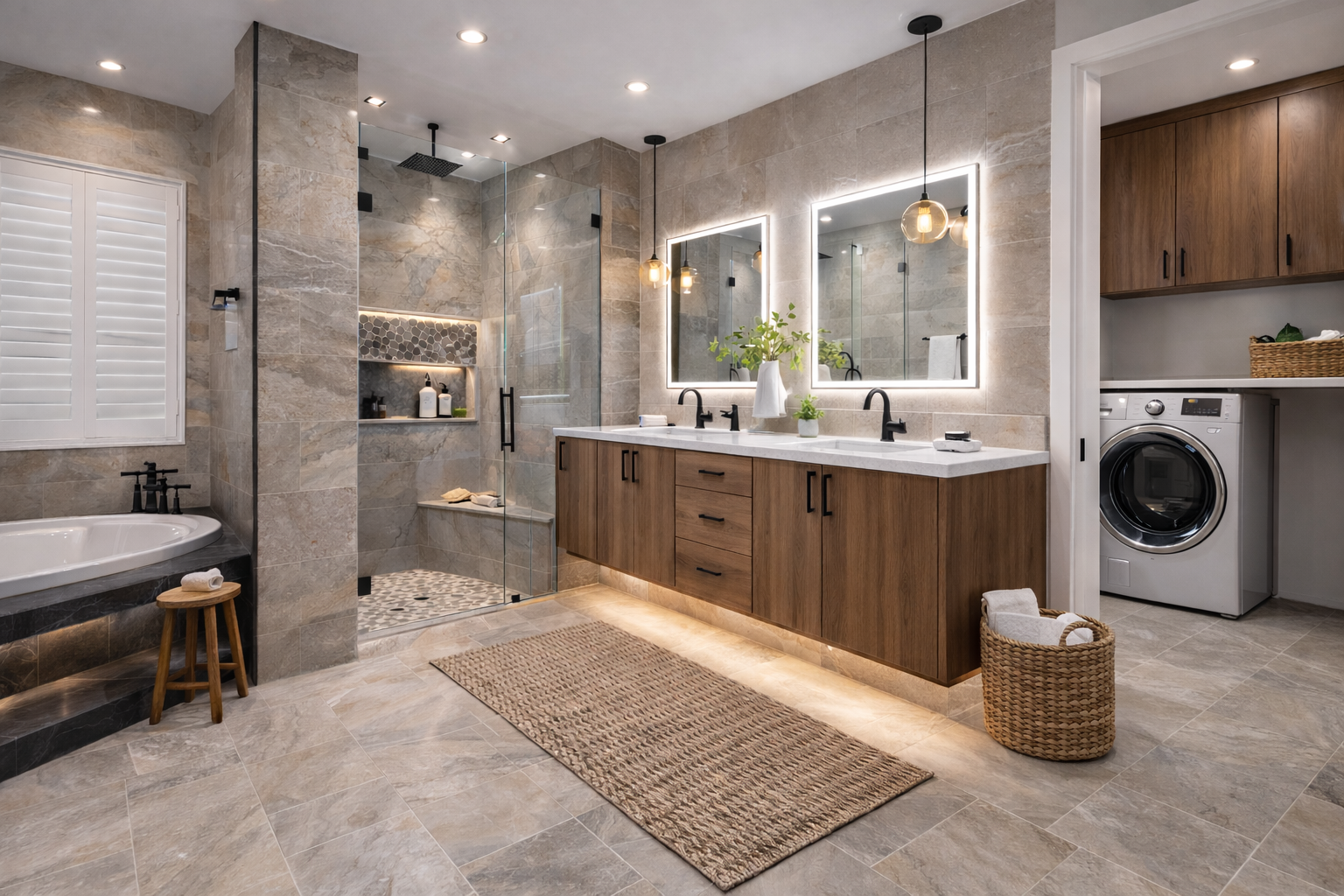 Modern bathroom with double vanity, two illuminated mirrors, walk-in shower with glass enclosure, bathtub, laundry area with washer, and neutral-colored tiles and wood accents.
