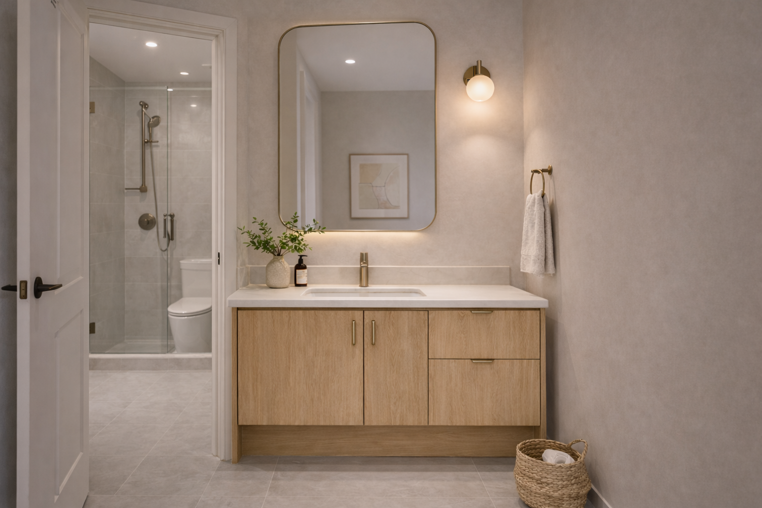 Modern bathroom with a wooden vanity, large mirror, wall sconce, white towel, potted plant, soap dispenser, and a basket of tissues, with a separate shower and toilet area visible in the mirror reflection.