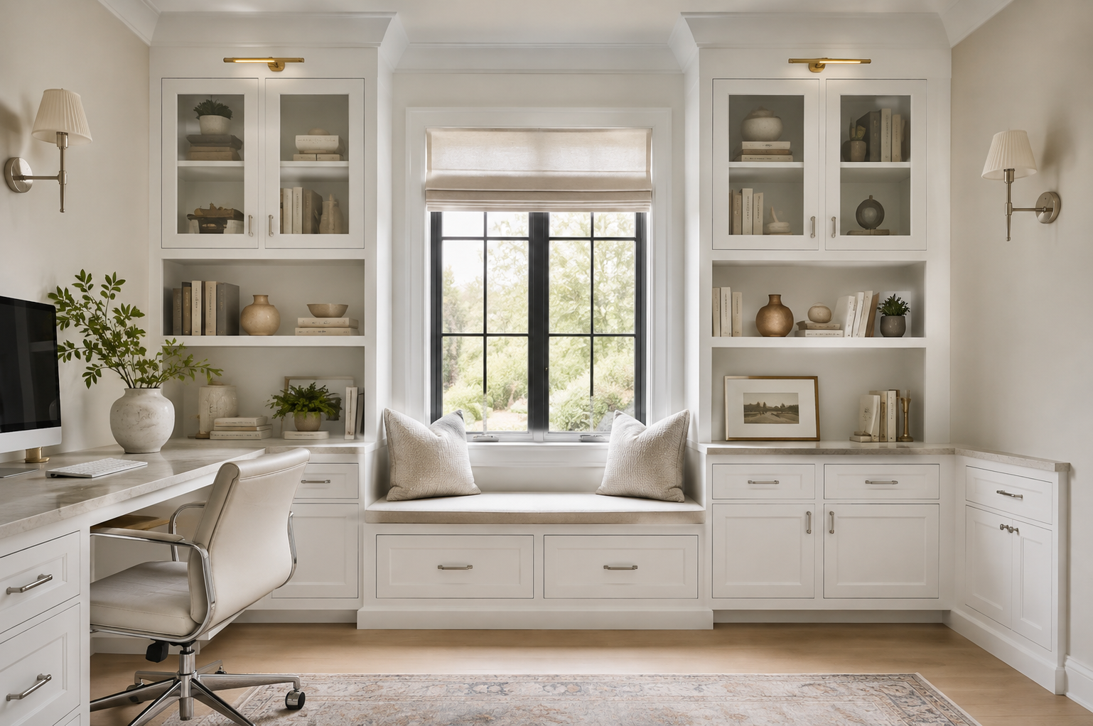 Bright, neutral-toned home office with built-in white cabinets and window seat. The window offers a view of greenery outside. Decor includes books, plants, and framed art. Office space features a white desk, chair, and a desktop computer.