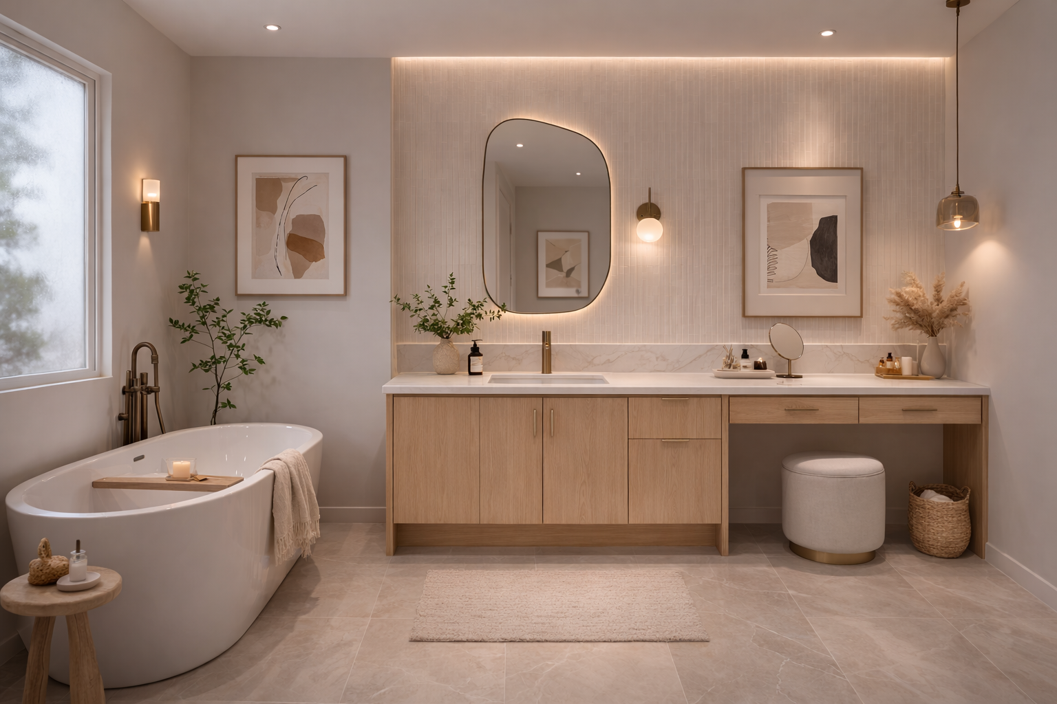 Modern bathroom with a freestanding bathtub, a wooden vanity with a marble countertop, a round mirror, and abstract art on the walls, decorated with plants and decorative accessories.