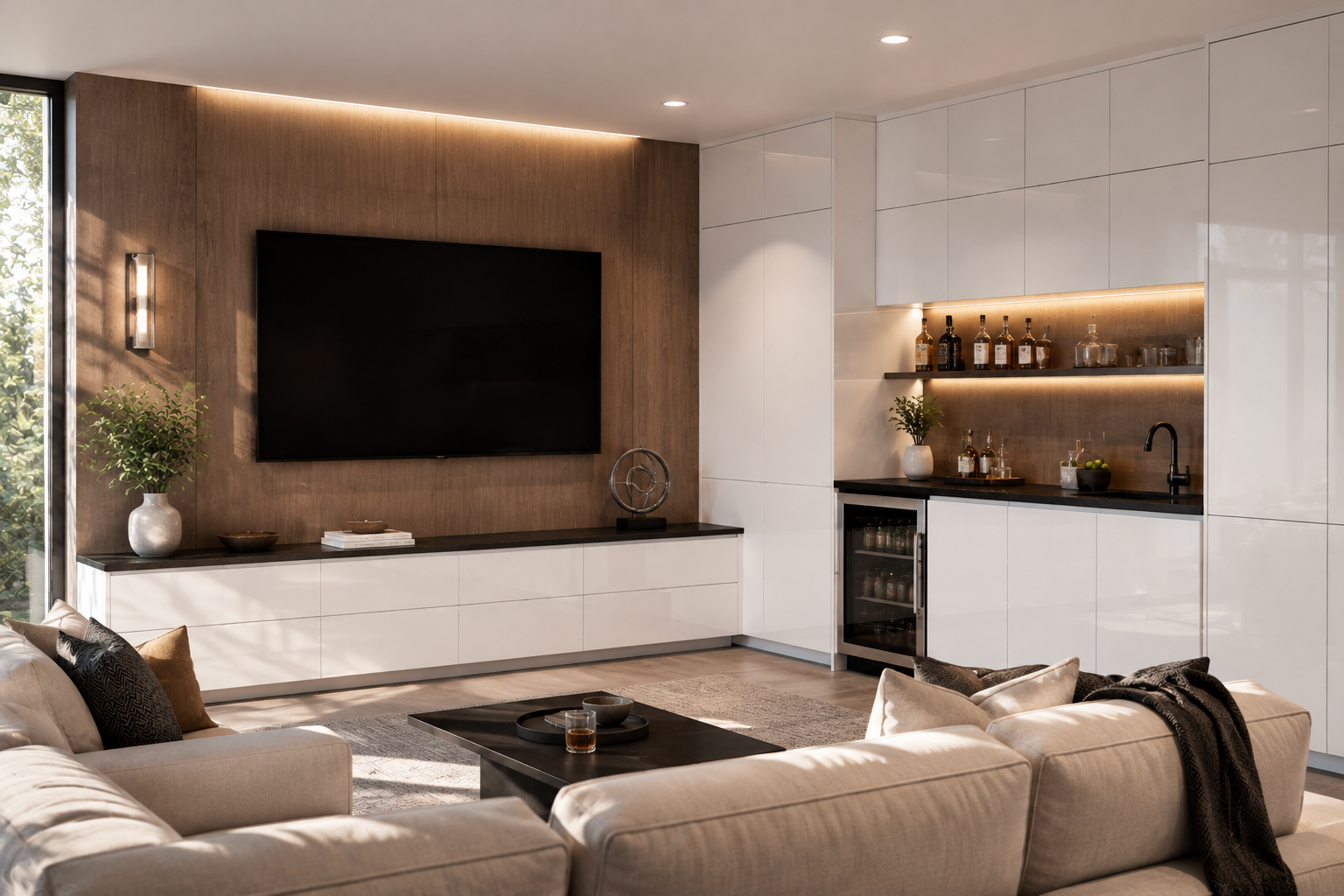 Modern living room with a wall-mounted TV, wooden accent wall, white cabinetry, coffee table, beige sofa with pillows, and bar area with bottles and glasses.
