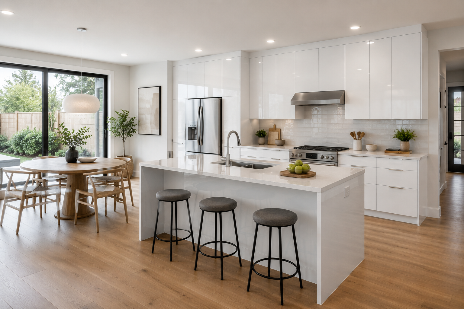 Modern white kitchen with island, three bar stools, and wooden dining table with chairs, sliding glass door, and greenery outside.