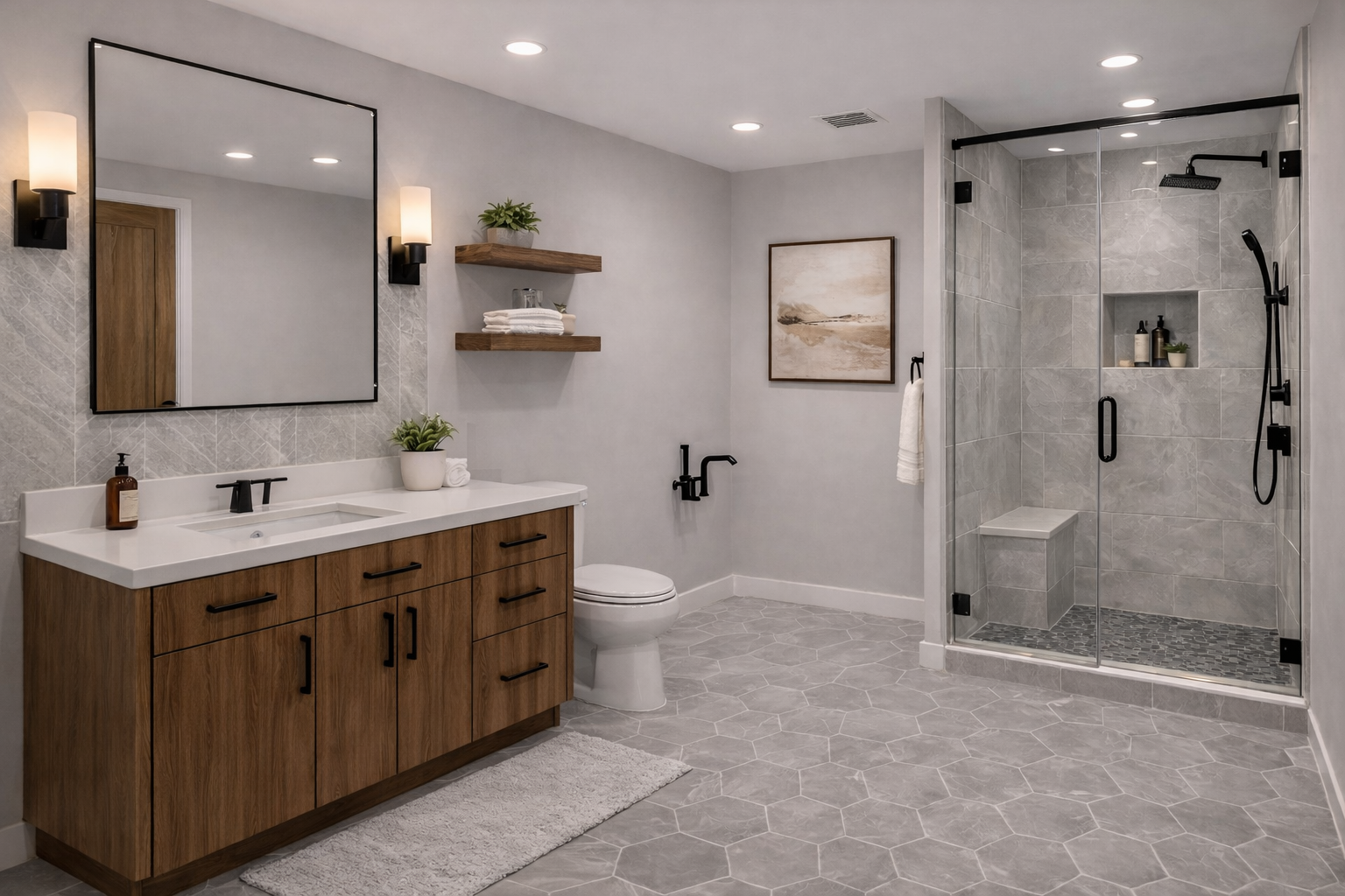 Modern bathroom with wooden vanity, large mirror, wall sconces, toilet, wall shelves, framed artwork, towel, and walk-in shower with glass door and gray tile.