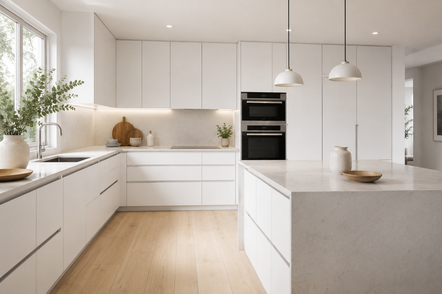 Modern white kitchen with wooden floor, large window, and minimal decor, including green plant, bowls, and vases.