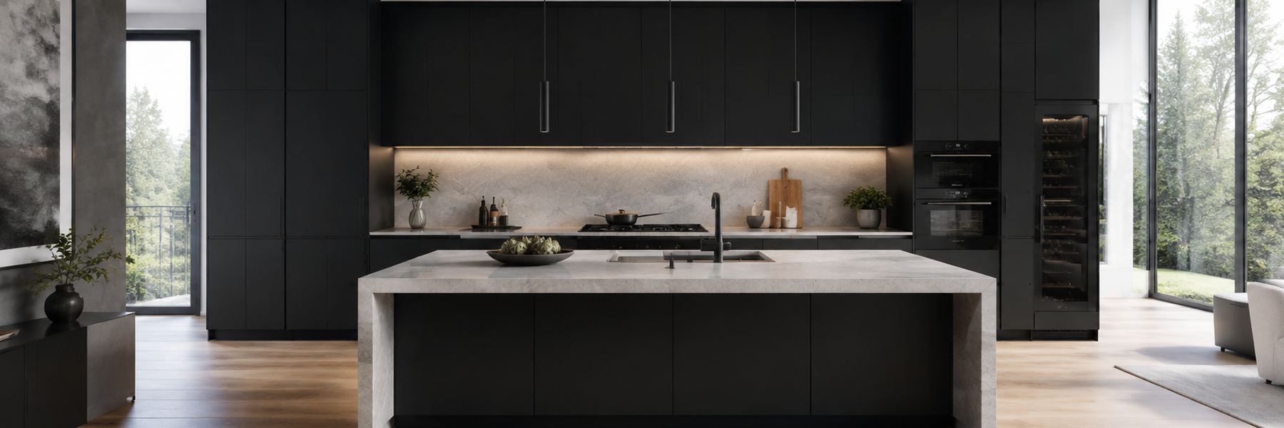 Modern kitchen with black cabinetry, marble backsplash, and a central marble kitchen island with a sink. Large windows provide natural light and a view of greenery outside.