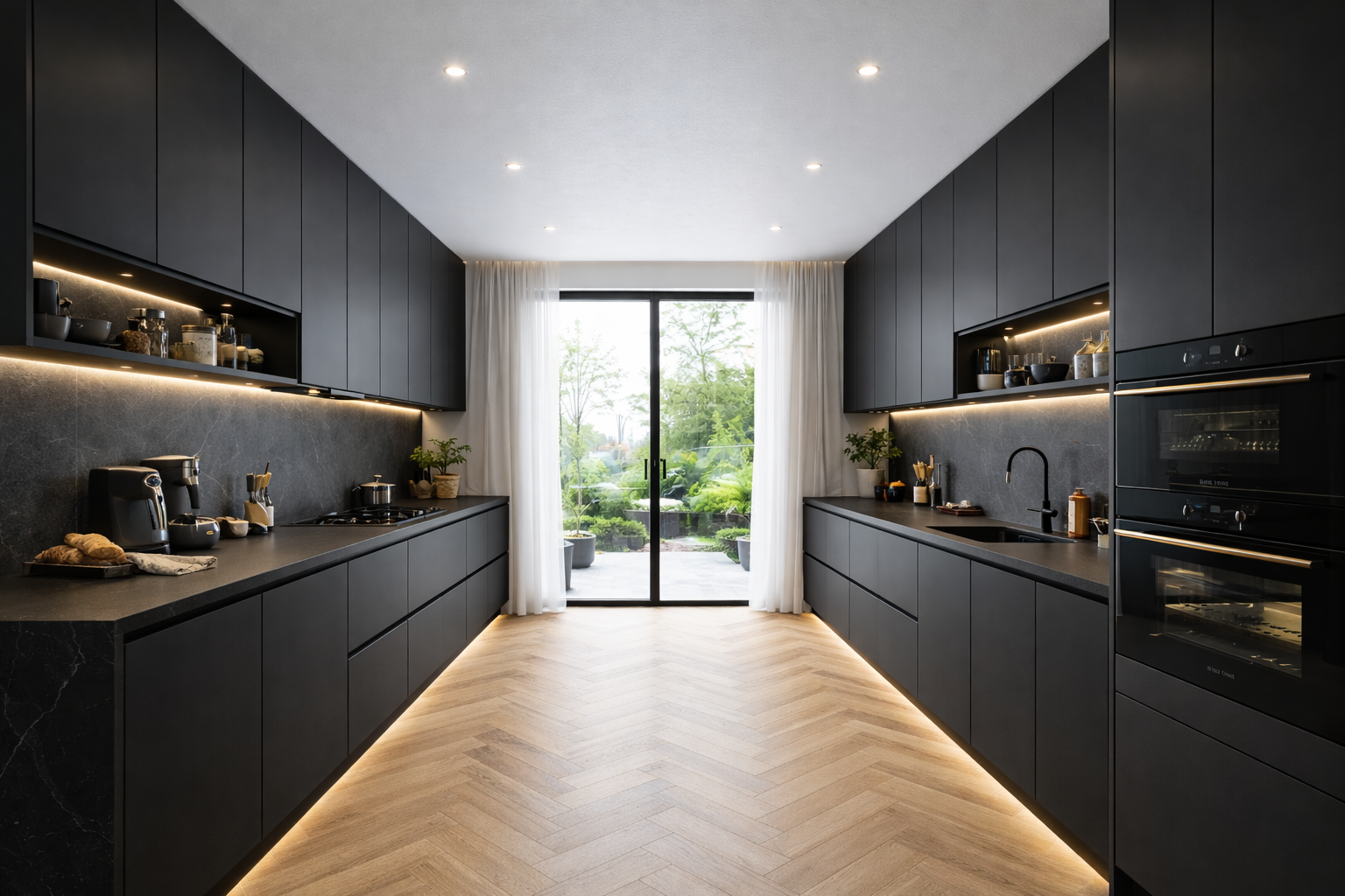 Modern kitchen with black cabinets, black countertops, and a large glass sliding door leading to a garden with trees and potted plants.