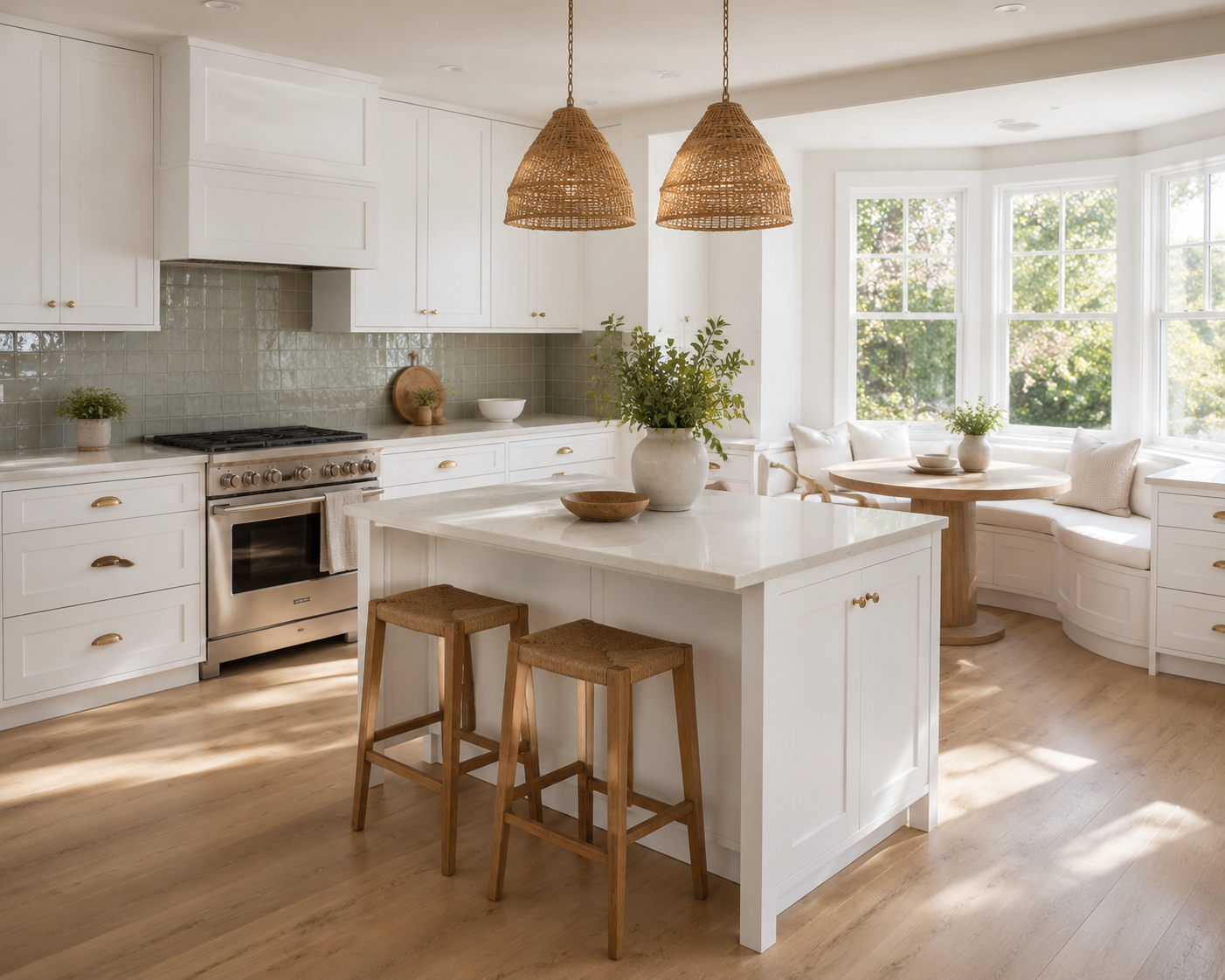 Bright, airy kitchen with white cabinets, a central island with two wooden stools, a round dining nook with built-in seating, large windows, potted plants, and wood flooring.