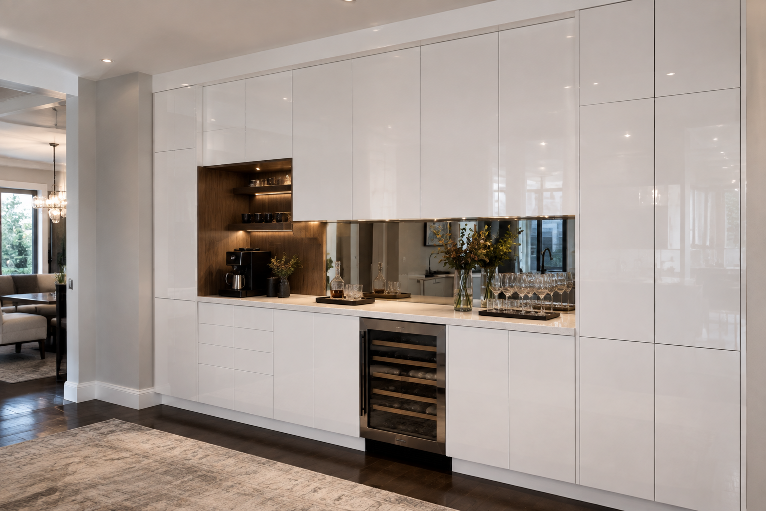 Modern white kitchen with a built-in wine cooler, black coffee machine, glassware, and decorative vases with flowers.