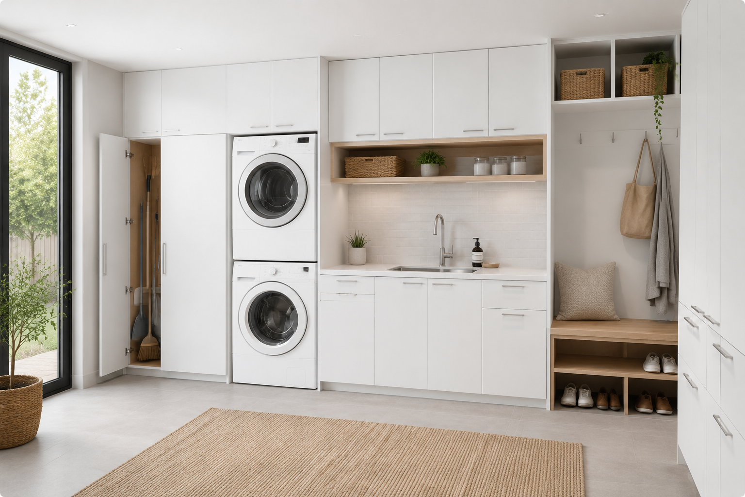 Modern laundry room with white cabinets, a washing machine and dryer, a small sink, open shelving with baskets and plants, a bench with shoes, and a large sliding glass door with greenery outside.