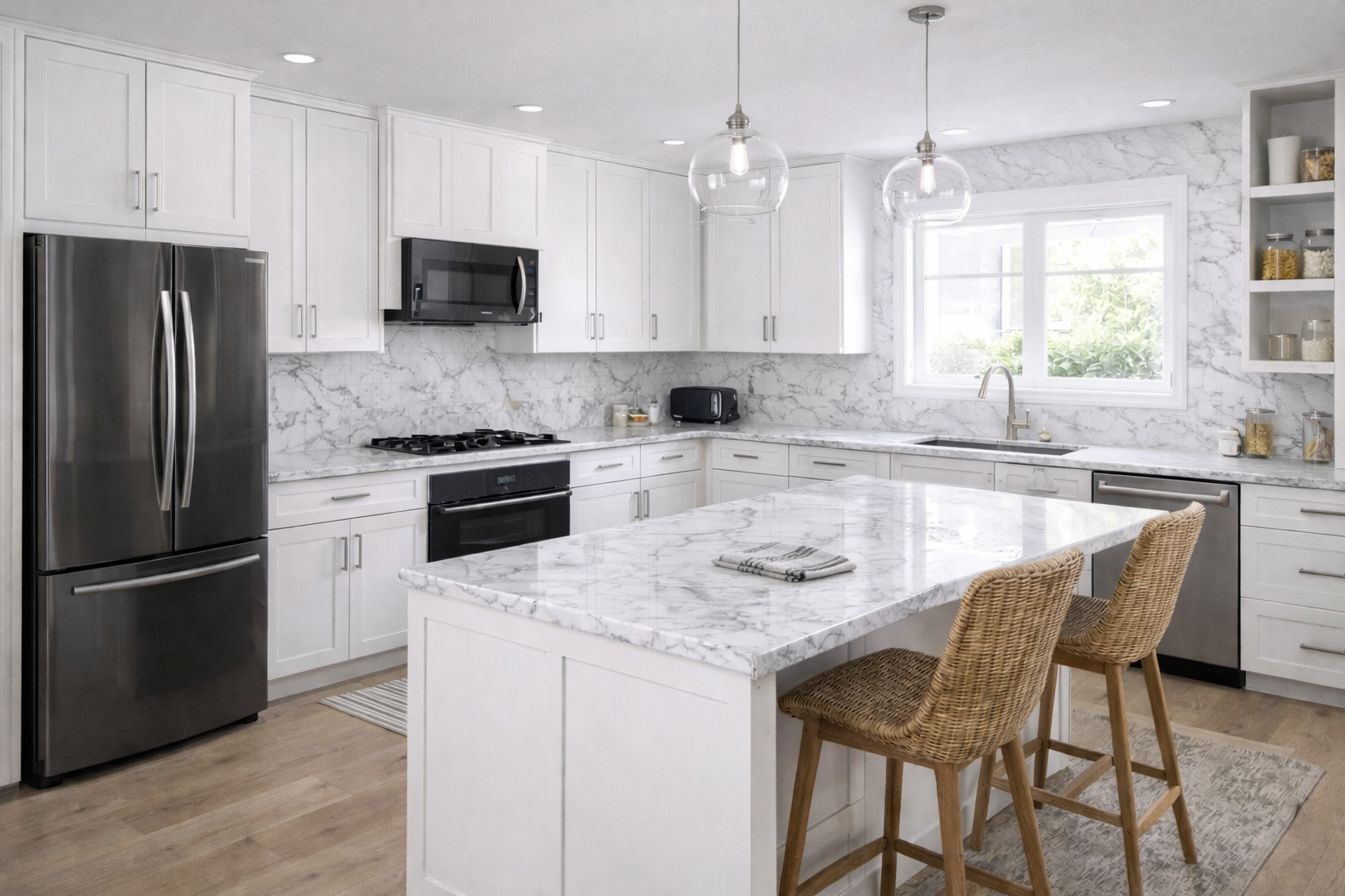 Modern kitchen with white cabinets, marble countertops, stainless steel refrigerator, black microwave, and chairs at a marble island.