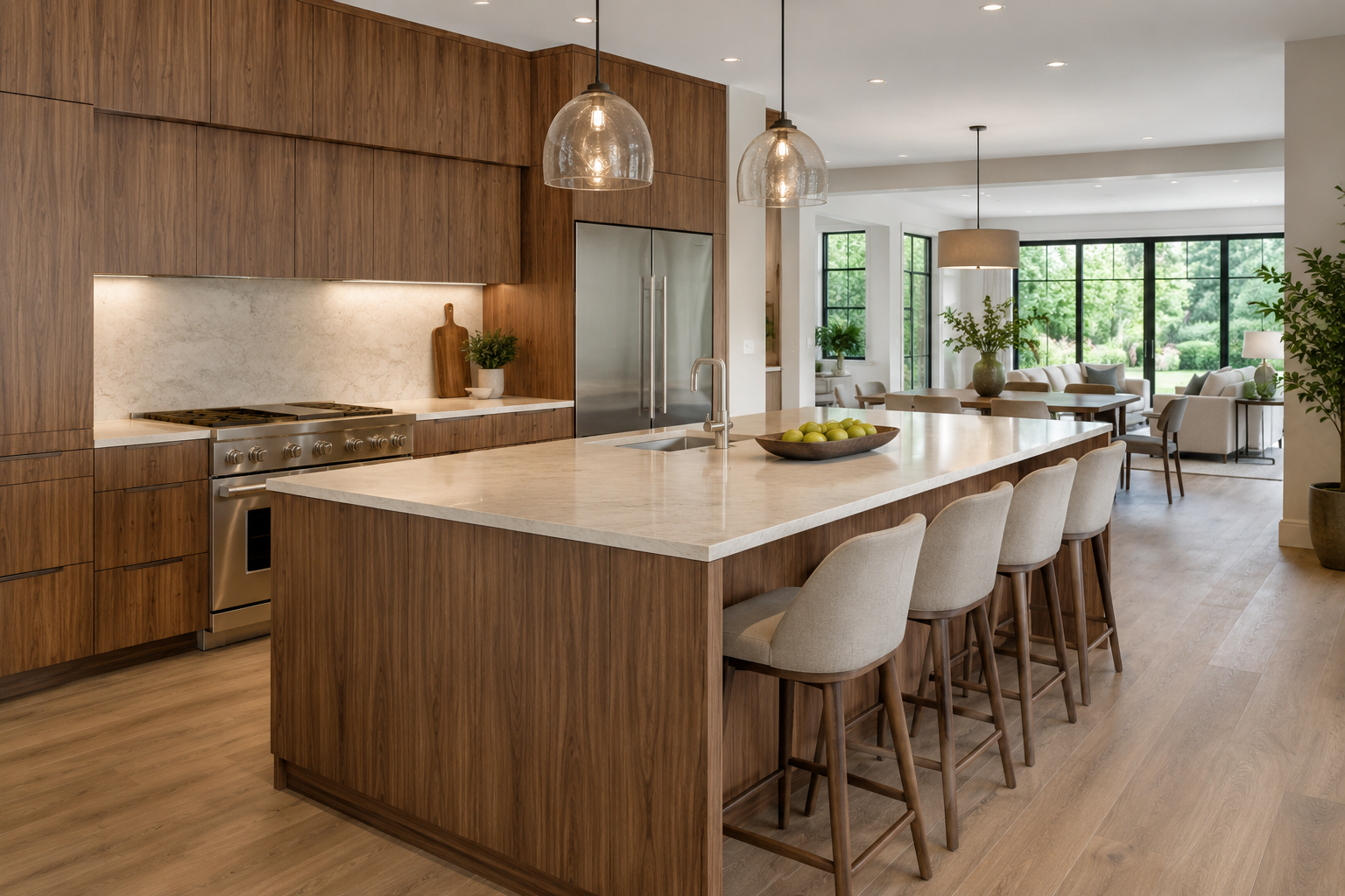 Modern kitchen with wooden cabinetry, a large marble island with chairs, stainless steel appliances, and a bright open living area with large windows showing greenery outside.