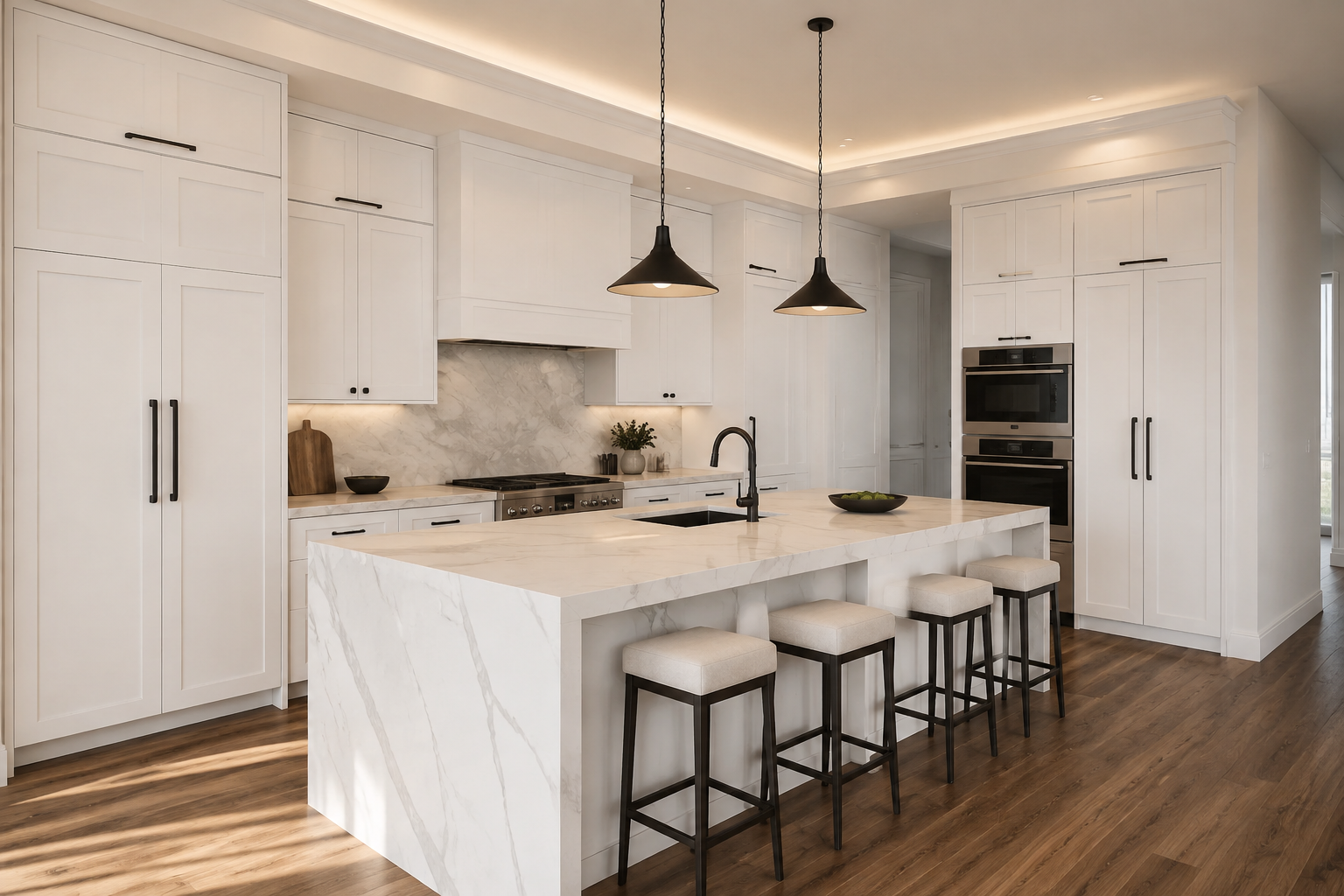 Modern kitchen with white cabinetry, marble island, black pendant lights, and wood flooring.