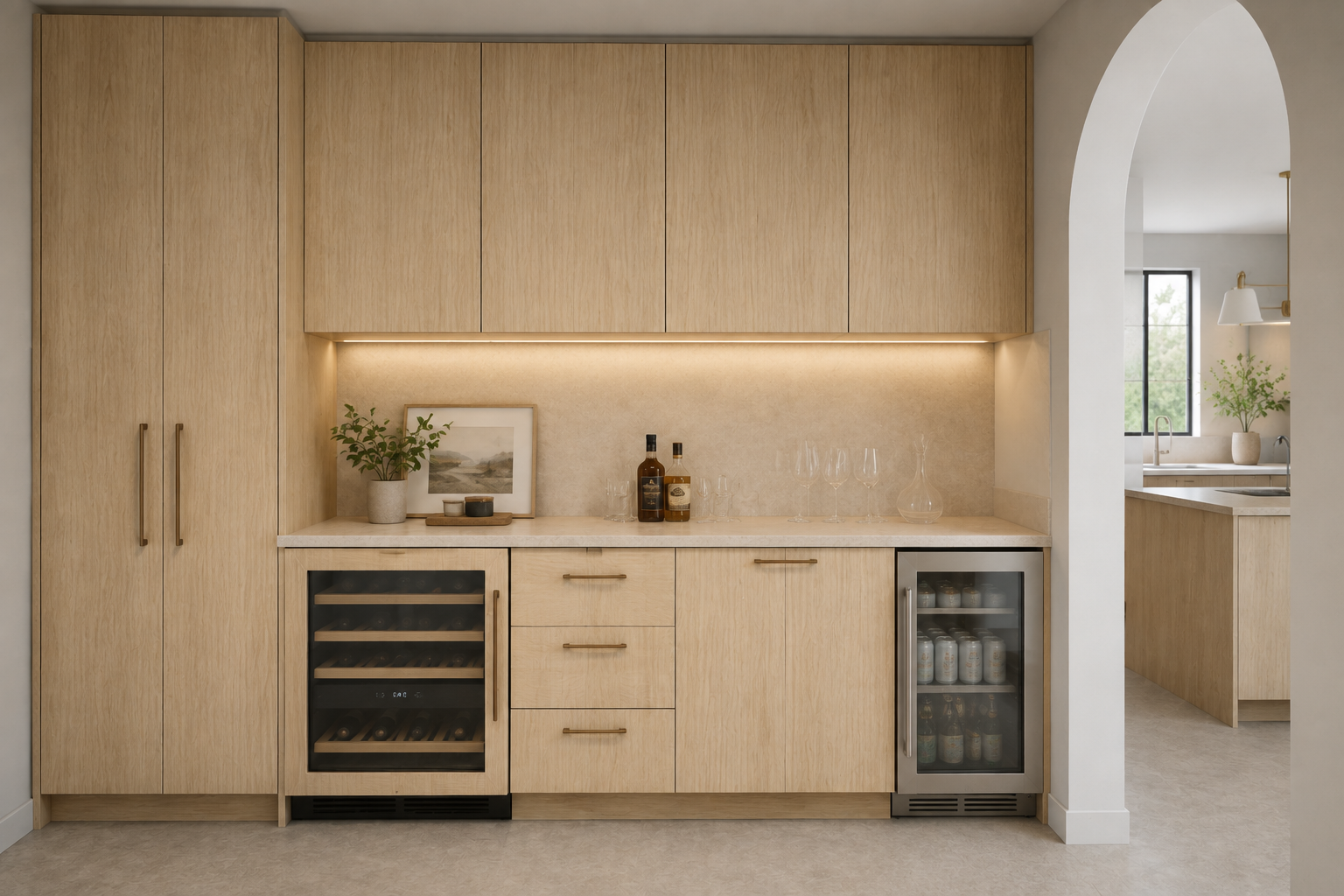 Modern kitchen with light wood cabinetry, wine fridge, glass beverage fridge, potted plants, framed artwork, wine bottles, glasses, and minimal decor view through an arched doorway.