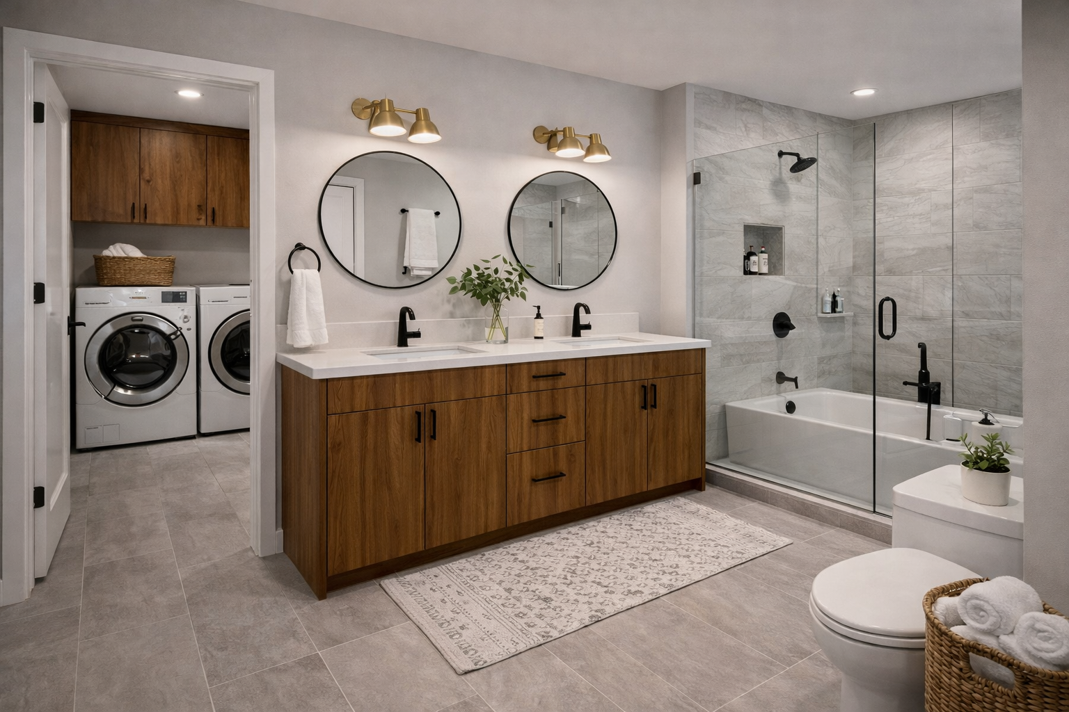 Modern bathroom with double vanity, black fixtures, large mirror, walk-in shower, bathtub, laundry area with washer and dryer, neutral tones, and minimal decor.