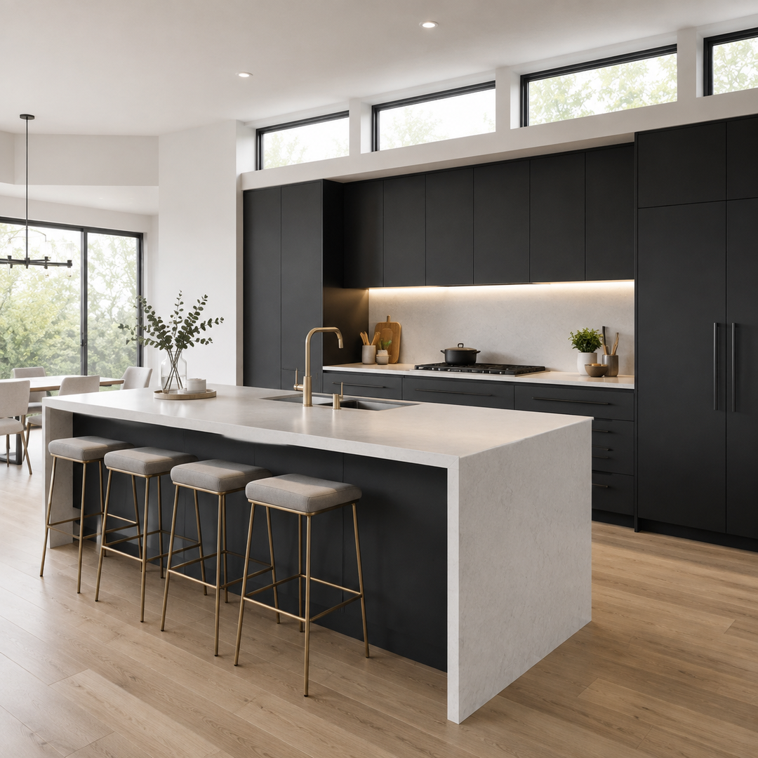 Modern kitchen with black cabinets, white island, light wood flooring, and large windows