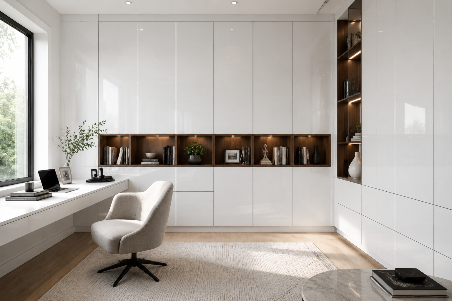 Modern home office with white built-in cabinets, dark wood open shelves with decorative objects, a large window with greenery outside, a white desk, a light gray swivel chair, a beige rug, and a round marble side table with a book and electronic devi