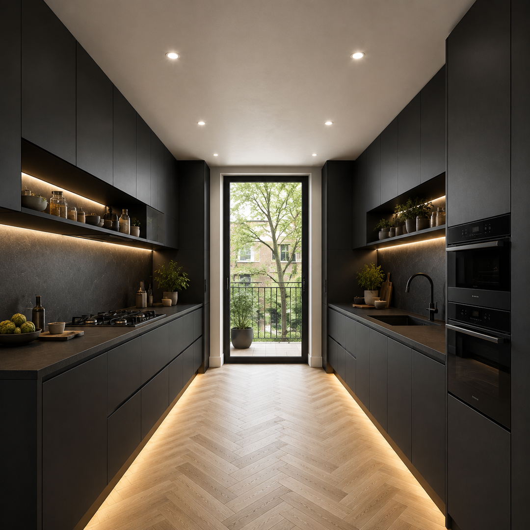 Modern black kitchen with cabinetry, shelves, and built-in appliances, illuminated by ceiling and under-shelf lighting, featuring a glass door leading to a small balcony with trees outside.