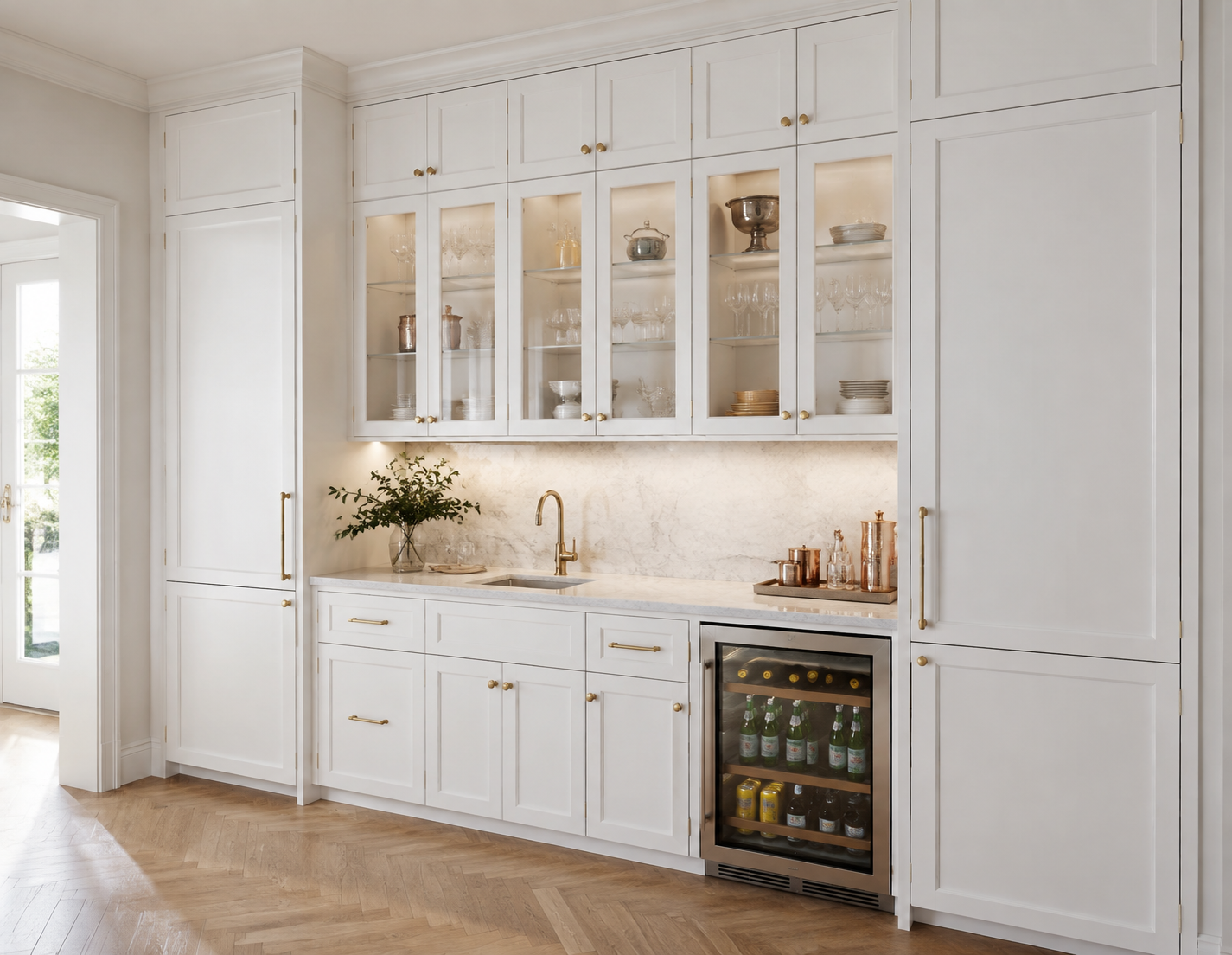 White kitchen cabinets with glass doors displaying glassware, plates, and bowls, along with a small wine cooler stocked with beverages below the counter, a gold faucet at the sink, and decorative copper containers on the counter, in a bright room wit